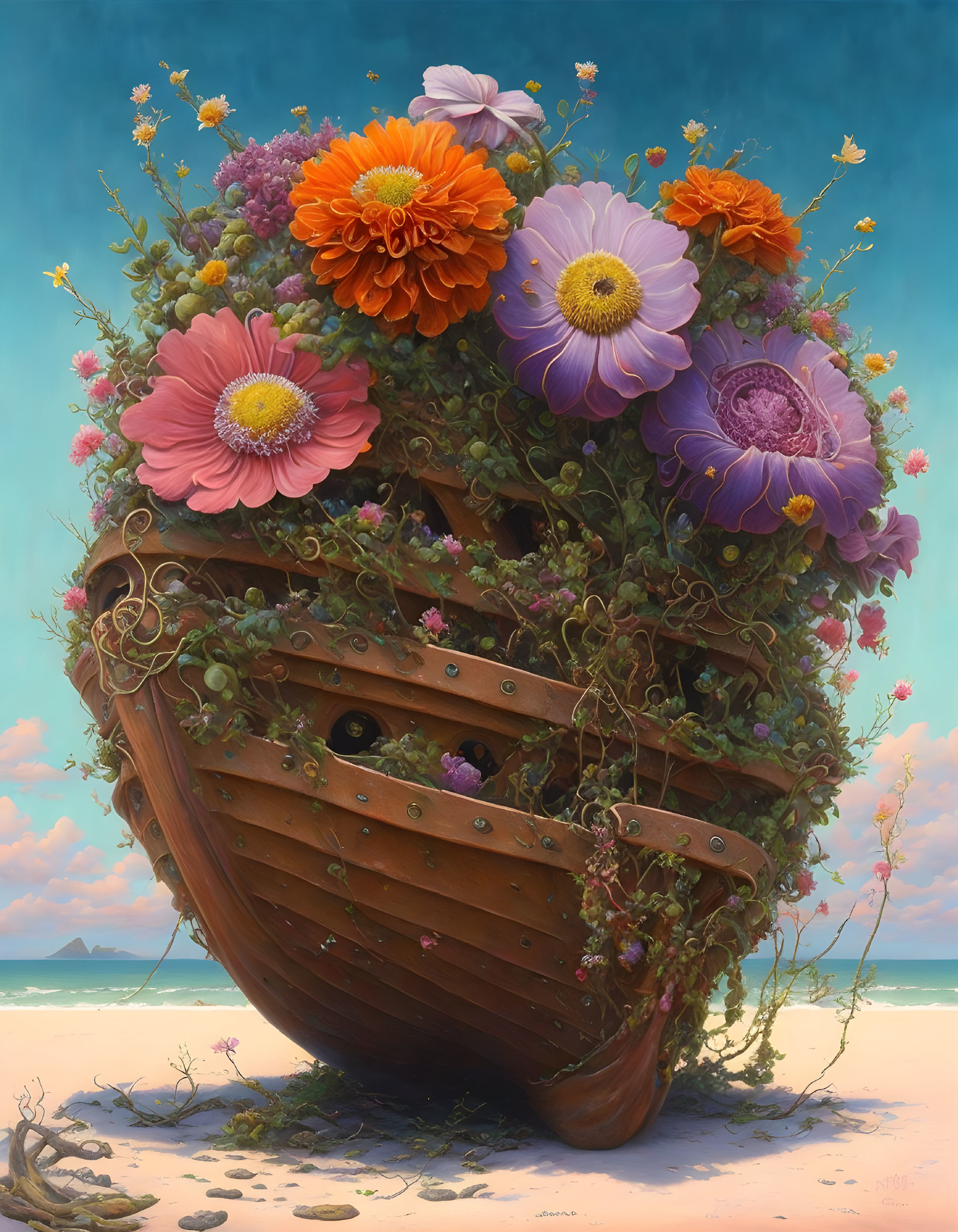 Colorful Flower-Filled Wooden Ship on Sandy Beach