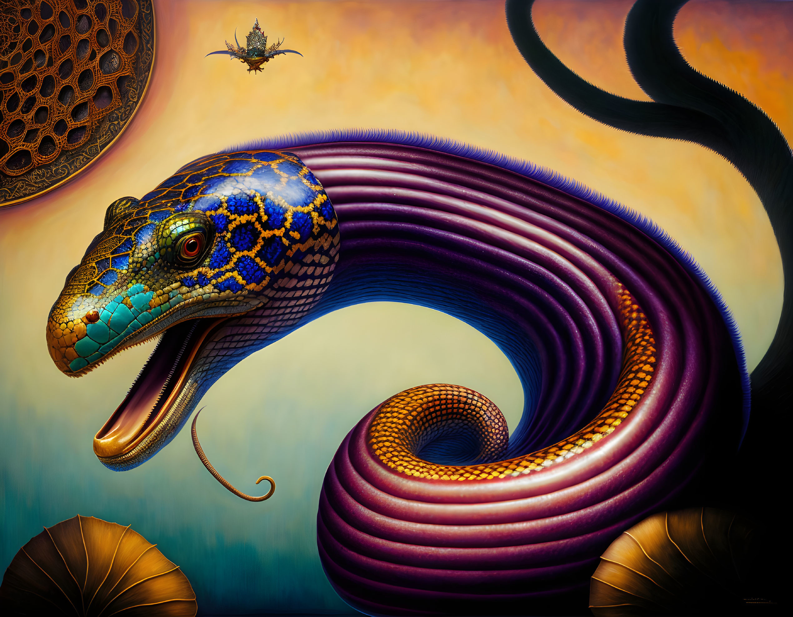 Colorful Serpent Painting with Swirling Patterns on Abstract Background