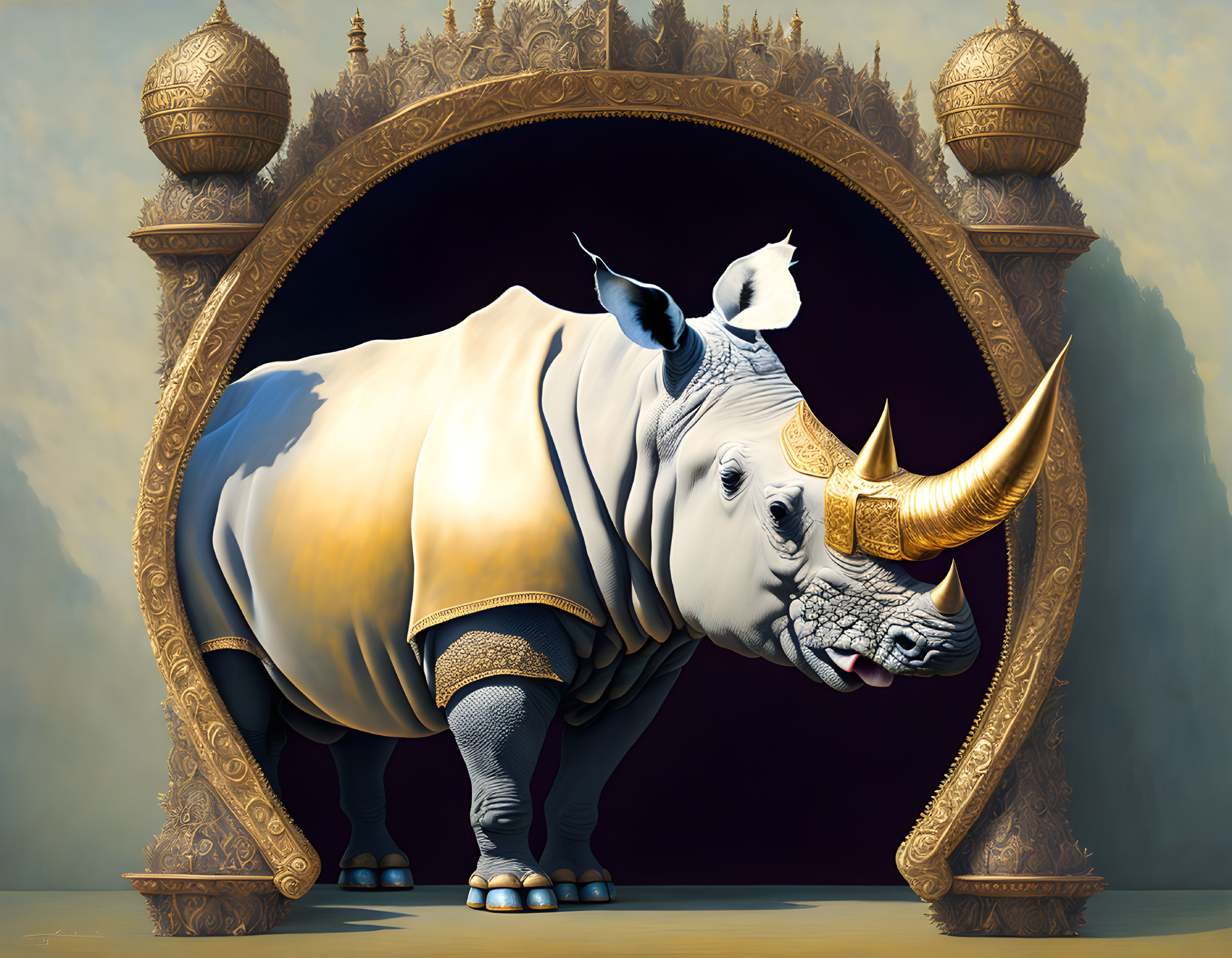 Majestic rhinoceros in golden arched frame on cloudy background