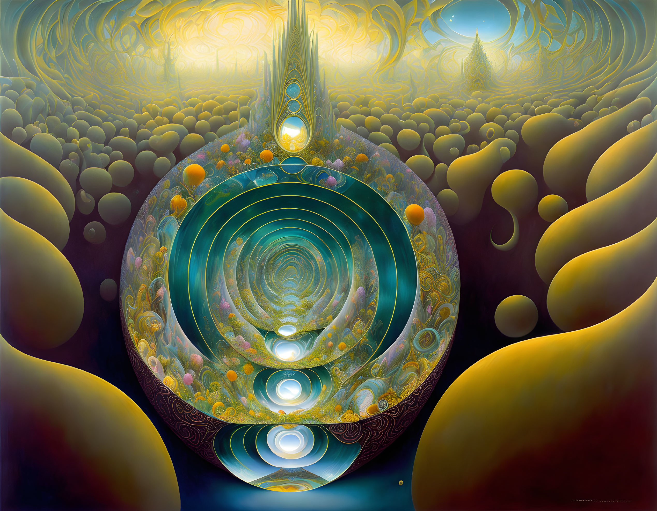 Colorful surreal painting: concentric circles with cosmic, floral motif on mystical landscape.