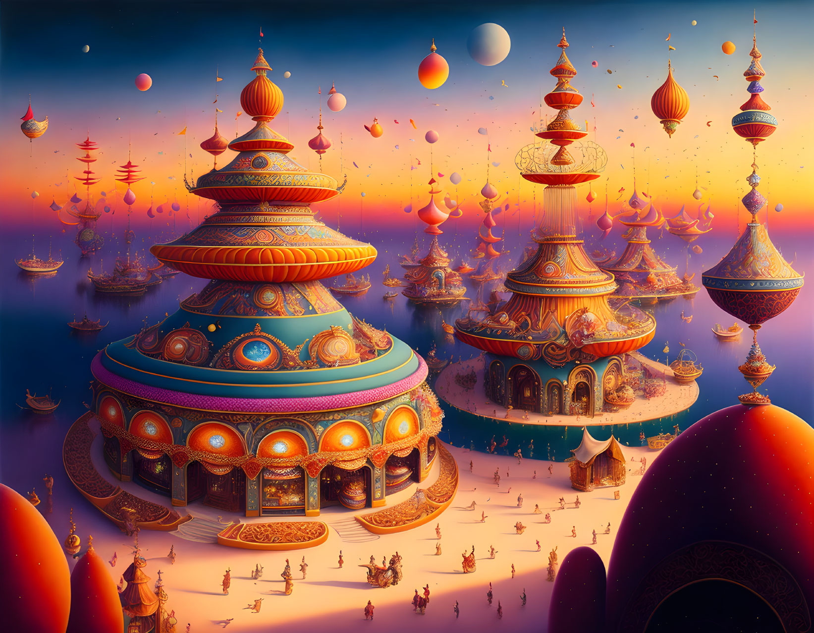 Fantastical landscape with onion-domed buildings and airships at twilight