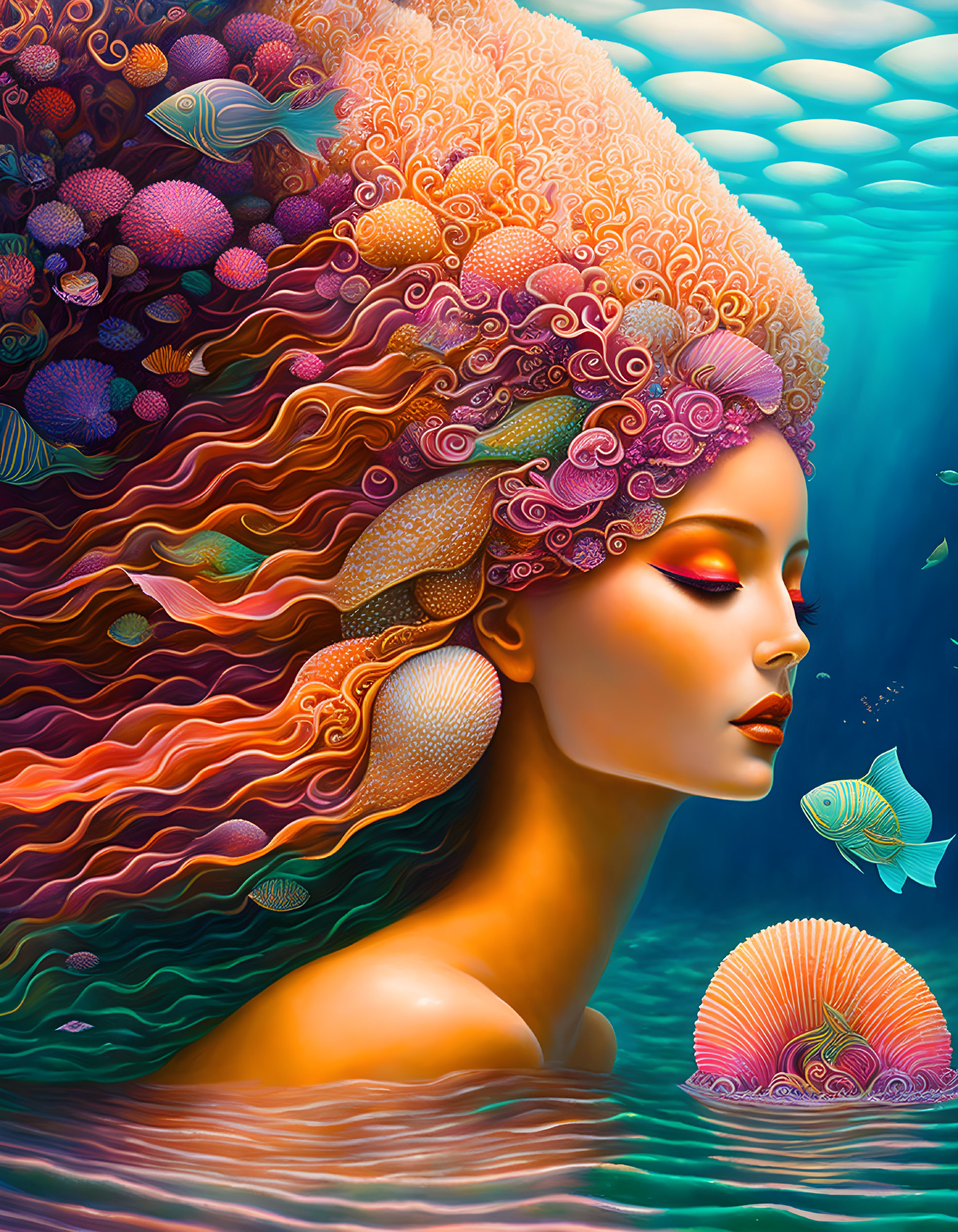 Surreal illustration: Woman with sea-themed hair in aquatic backdrop