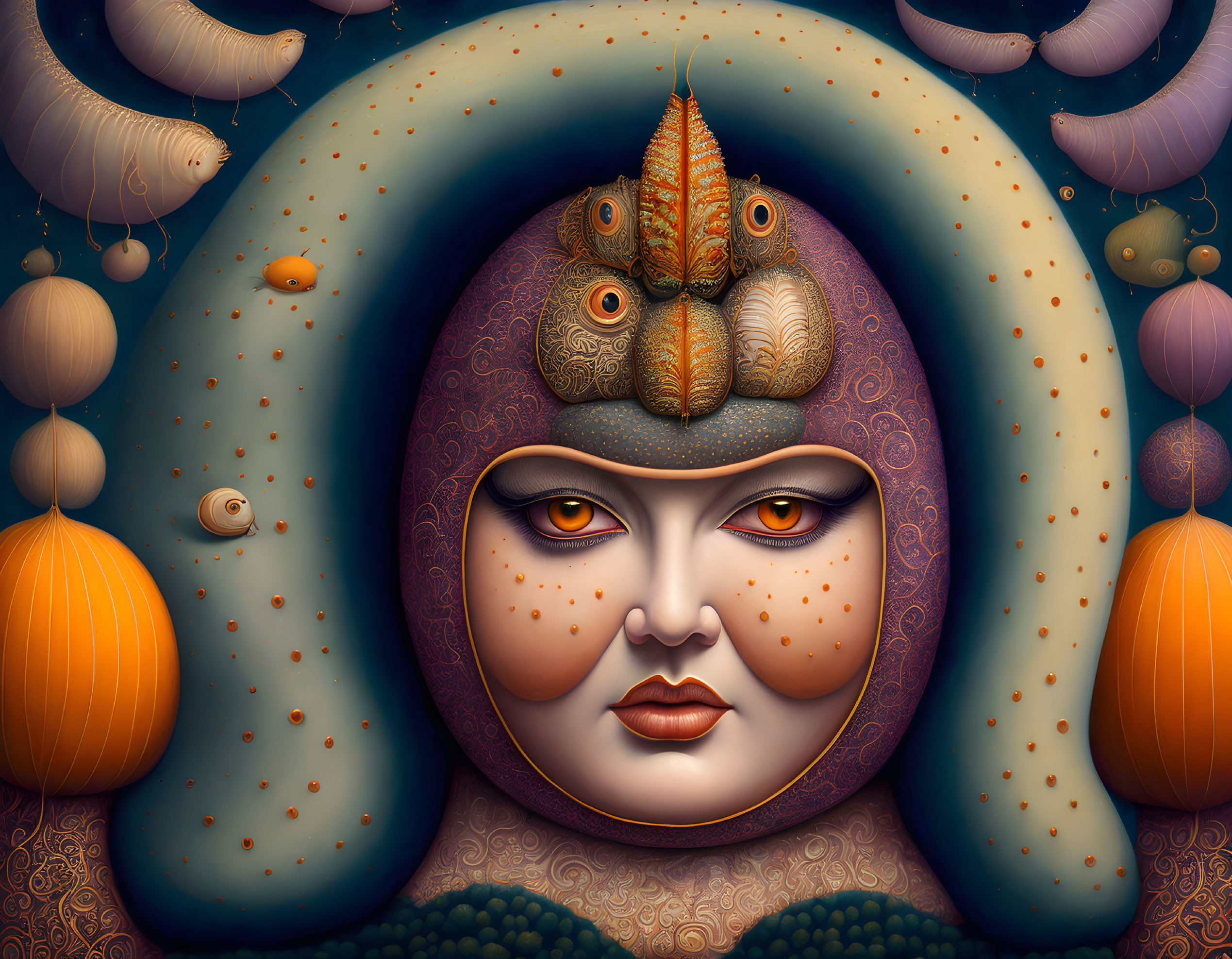 Stylized female face with feather headdress and surreal pumpkins and snails on dark background