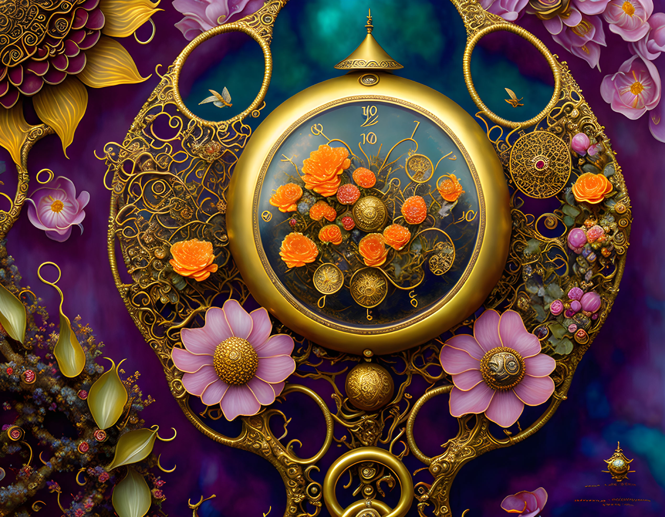 Golden clock with floral and filigree details on purple and teal background.