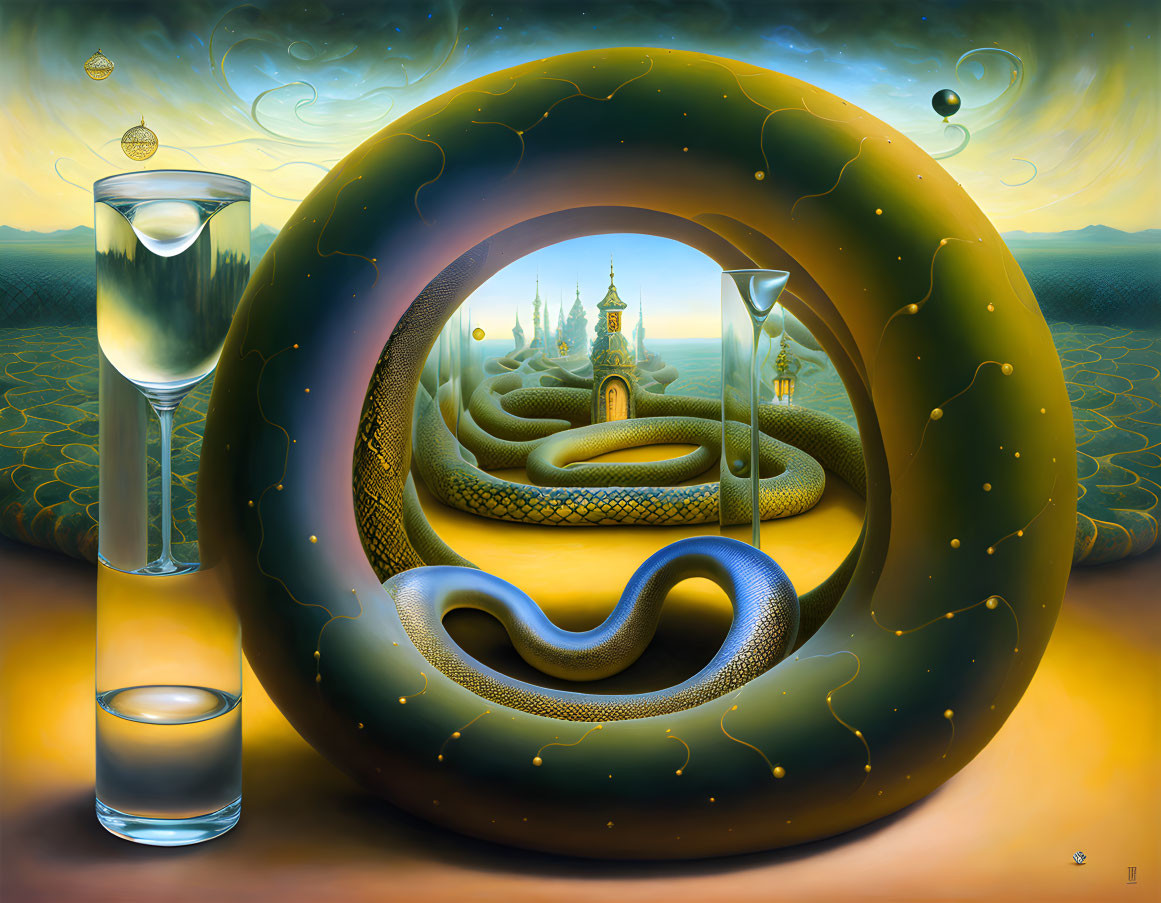 Surreal Painting: Looping Snake Form on Checkered Landscape