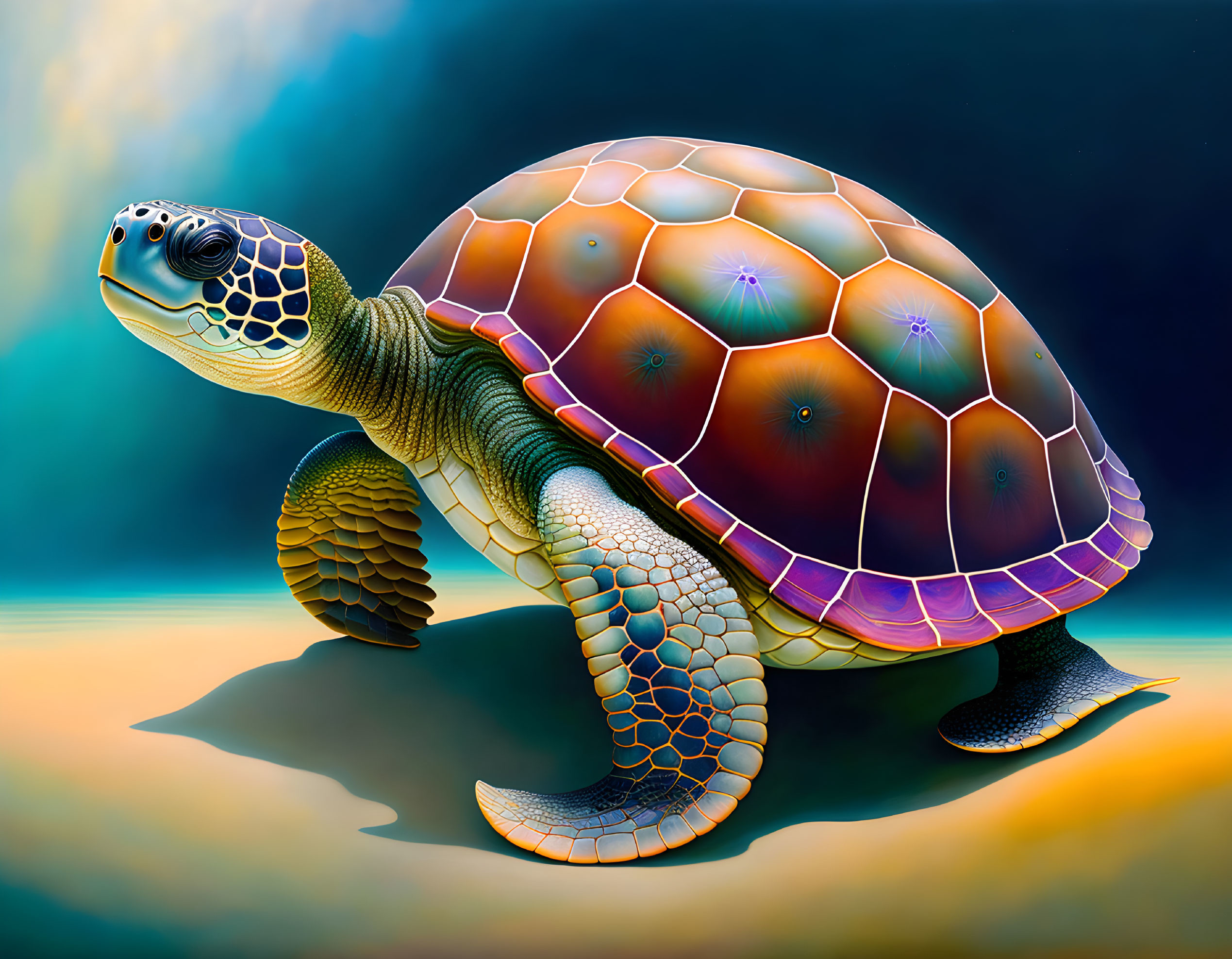 Colorful Sea Turtle Artwork on Blue Yellow Gradient Background