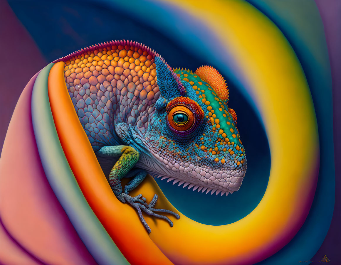 Colorful Chameleon Illustration with Textured Scales on Swirling Ribbons