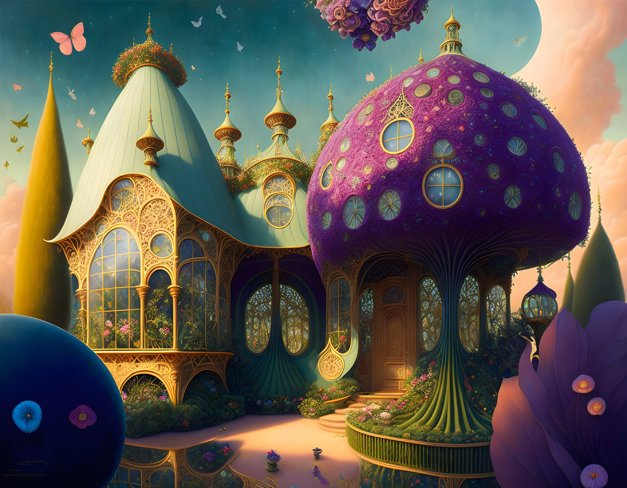 Fantastical Mushroom-themed Palace with Lush Gardens