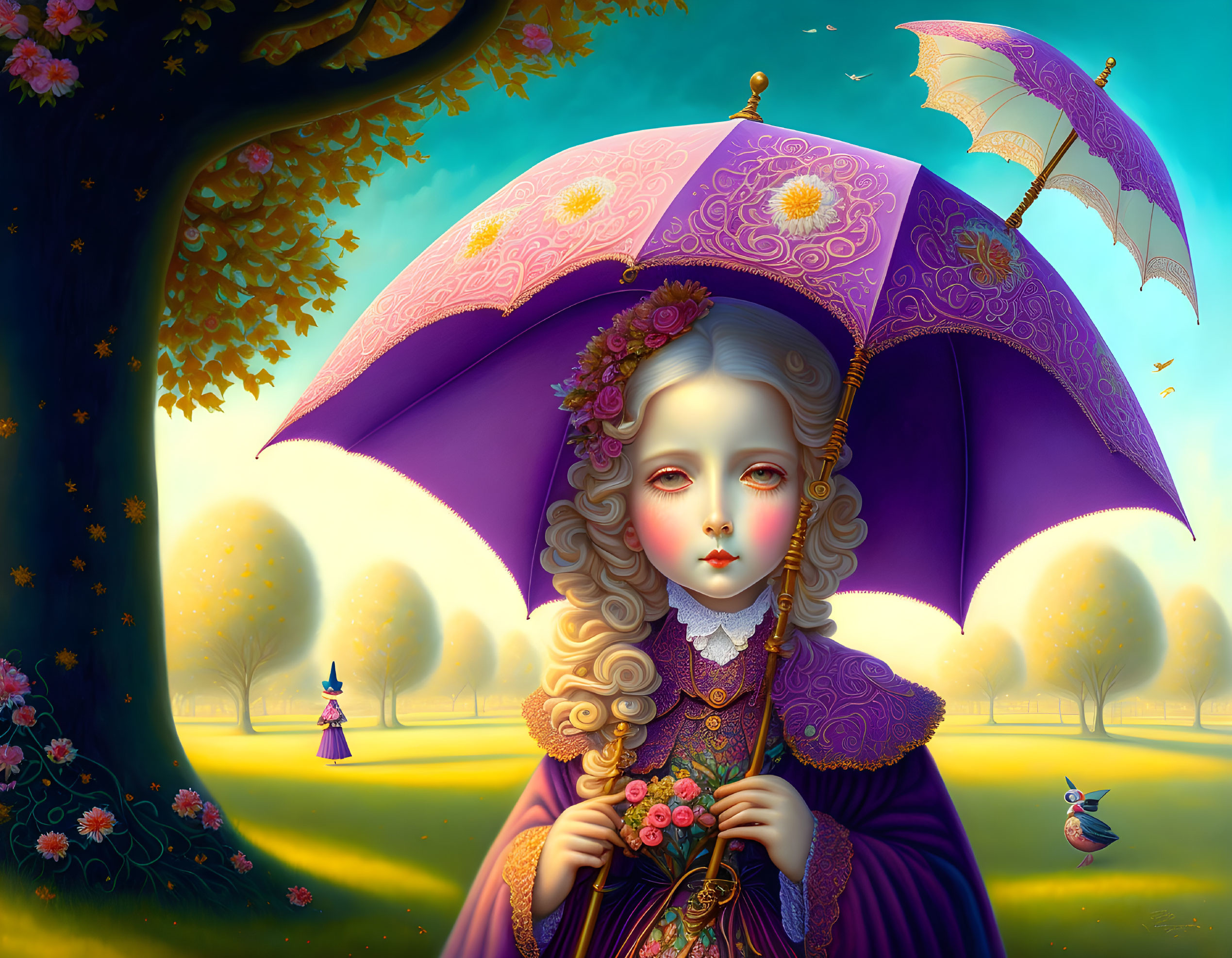 Surreal illustration of pale girl in Victorian dress with purple umbrella