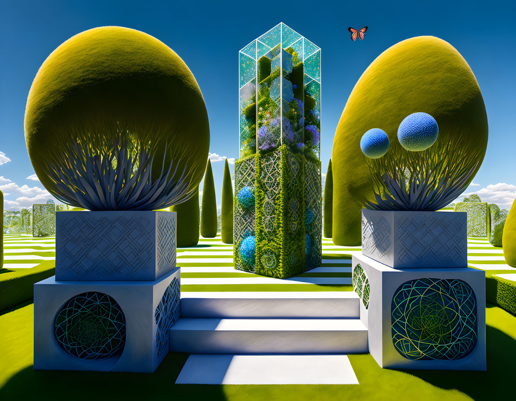 Surreal landscape with topiary trees, geometric patterns, glass tower, plants, butterflies,