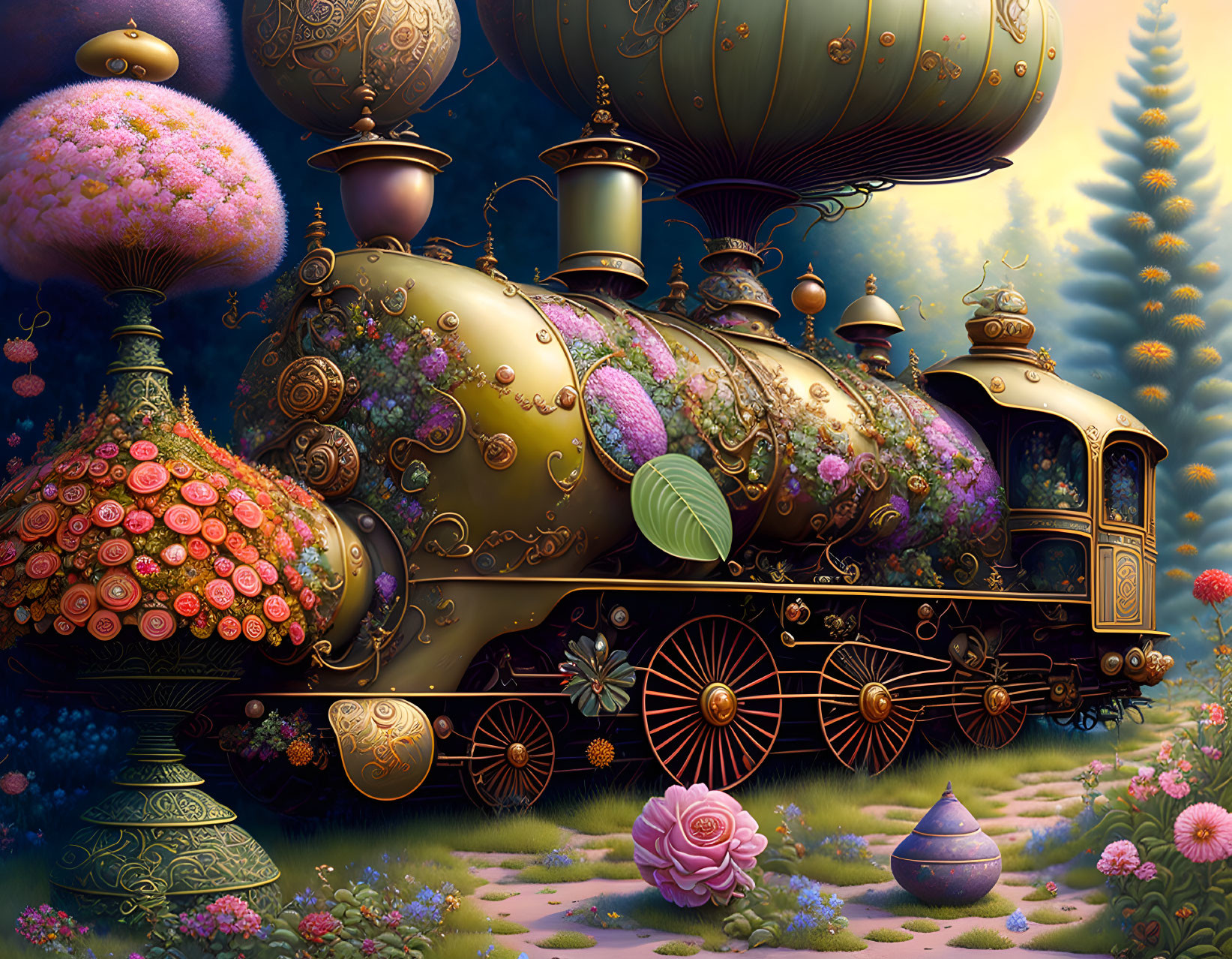 Ornate floral steam train in vibrant whimsical landscape