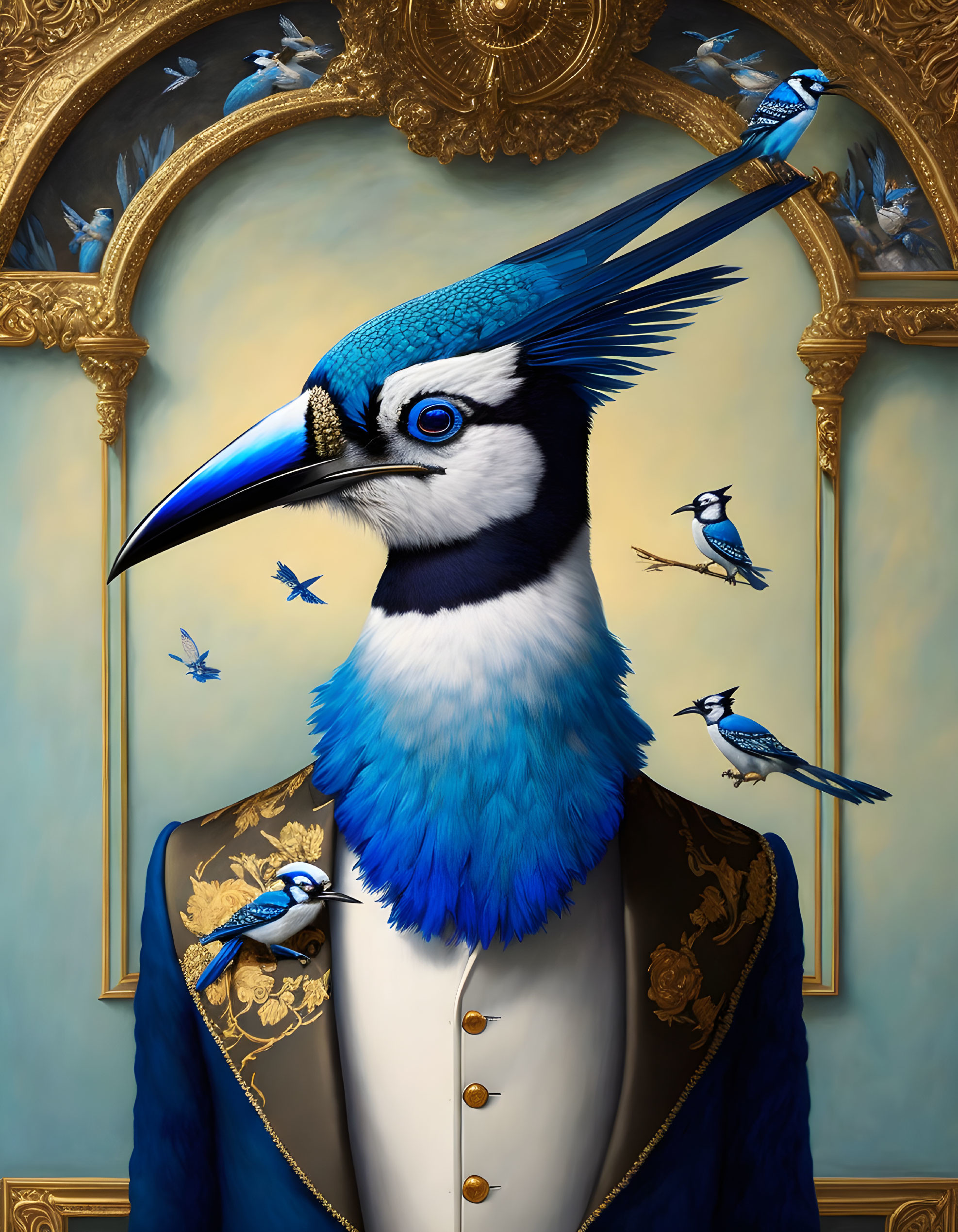 Surreal bird-human hybrid in ornate blue jacket with smaller birds on golden backdrop