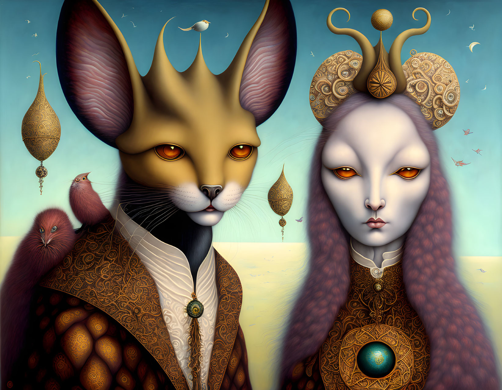 Whimsical anthropomorphic feline figures in regal attire with surreal elements