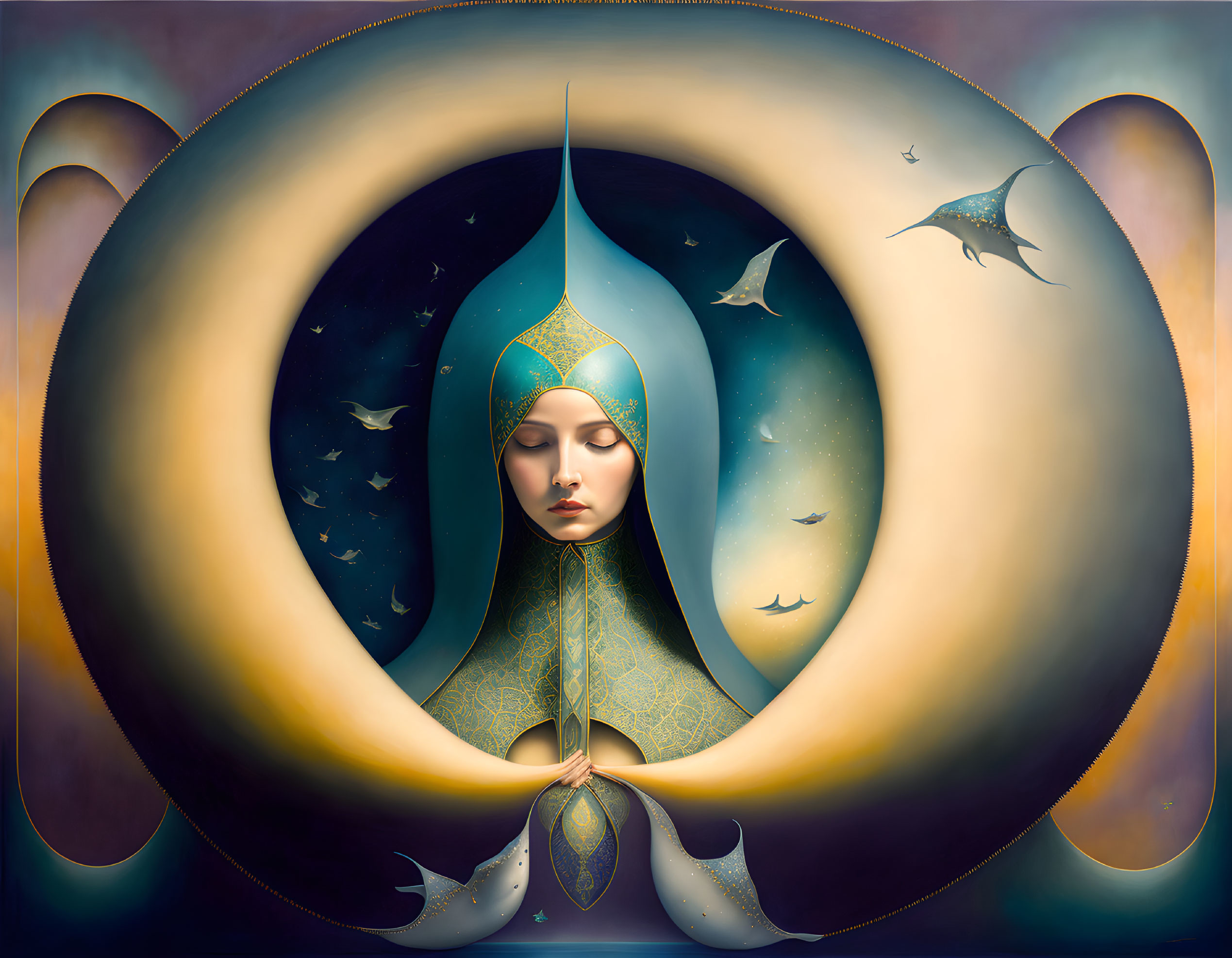 Surreal woman in crescent moon frame with flying fishes in colorful space