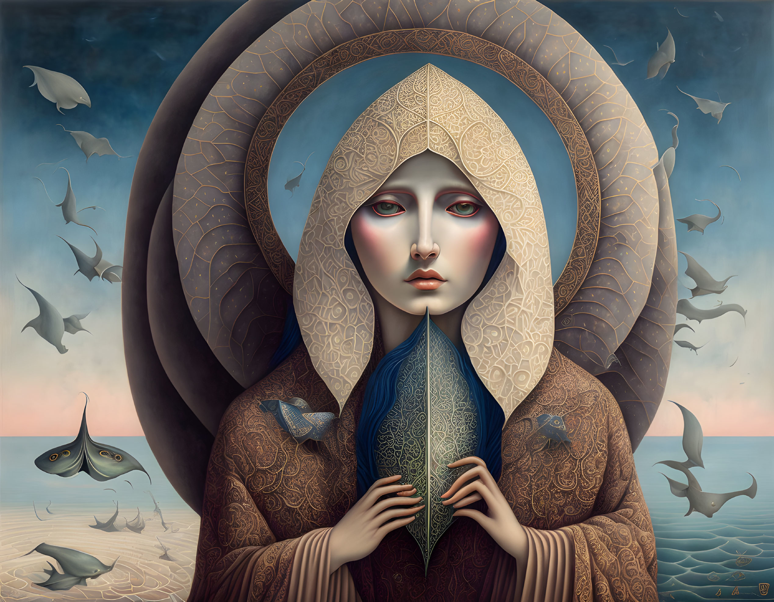 Surreal portrait: Pale woman with large eyes, fish halo, sea backdrop