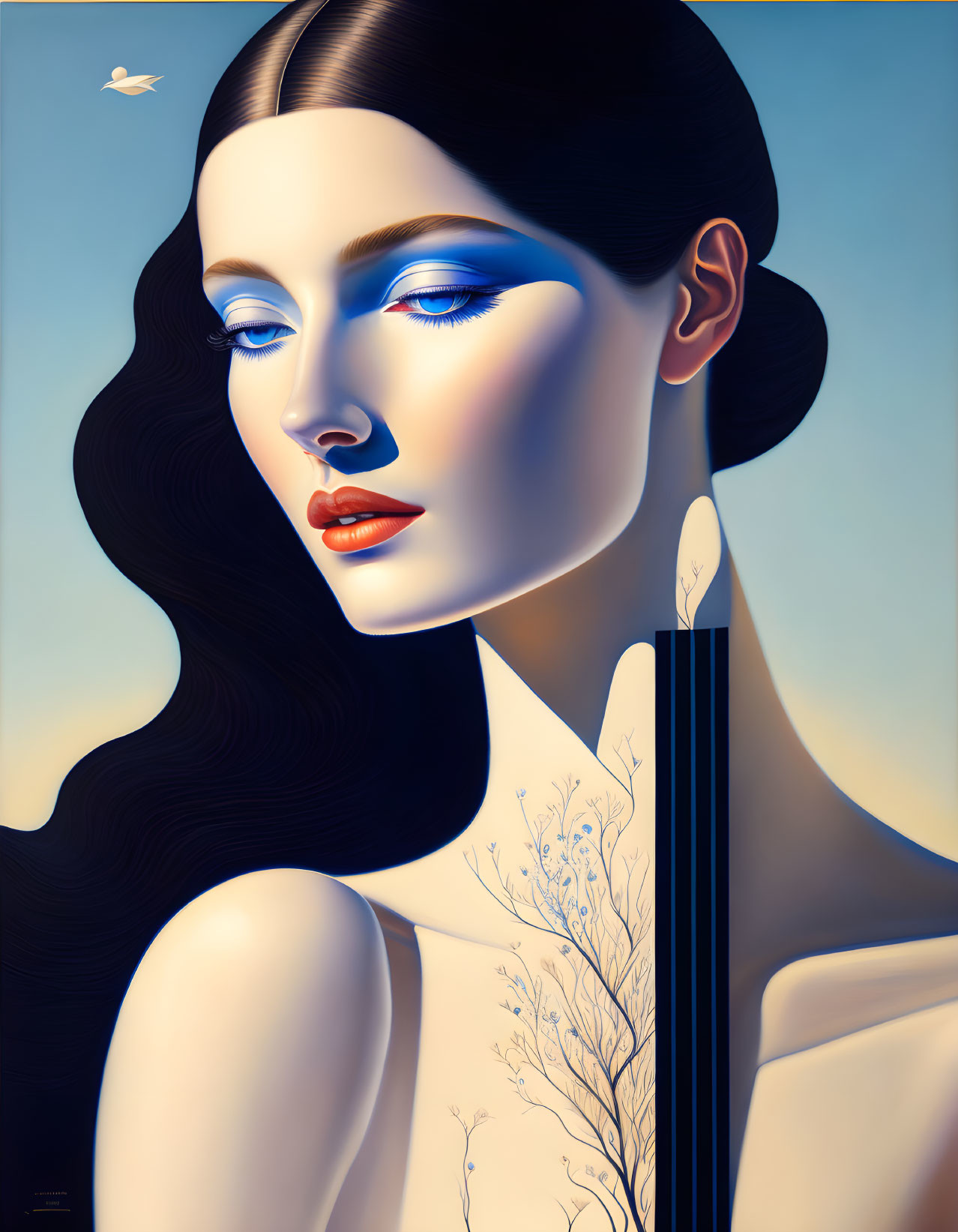 Illustration: Woman with stylized features, black hair, blue eyeshadow, tree reflection.