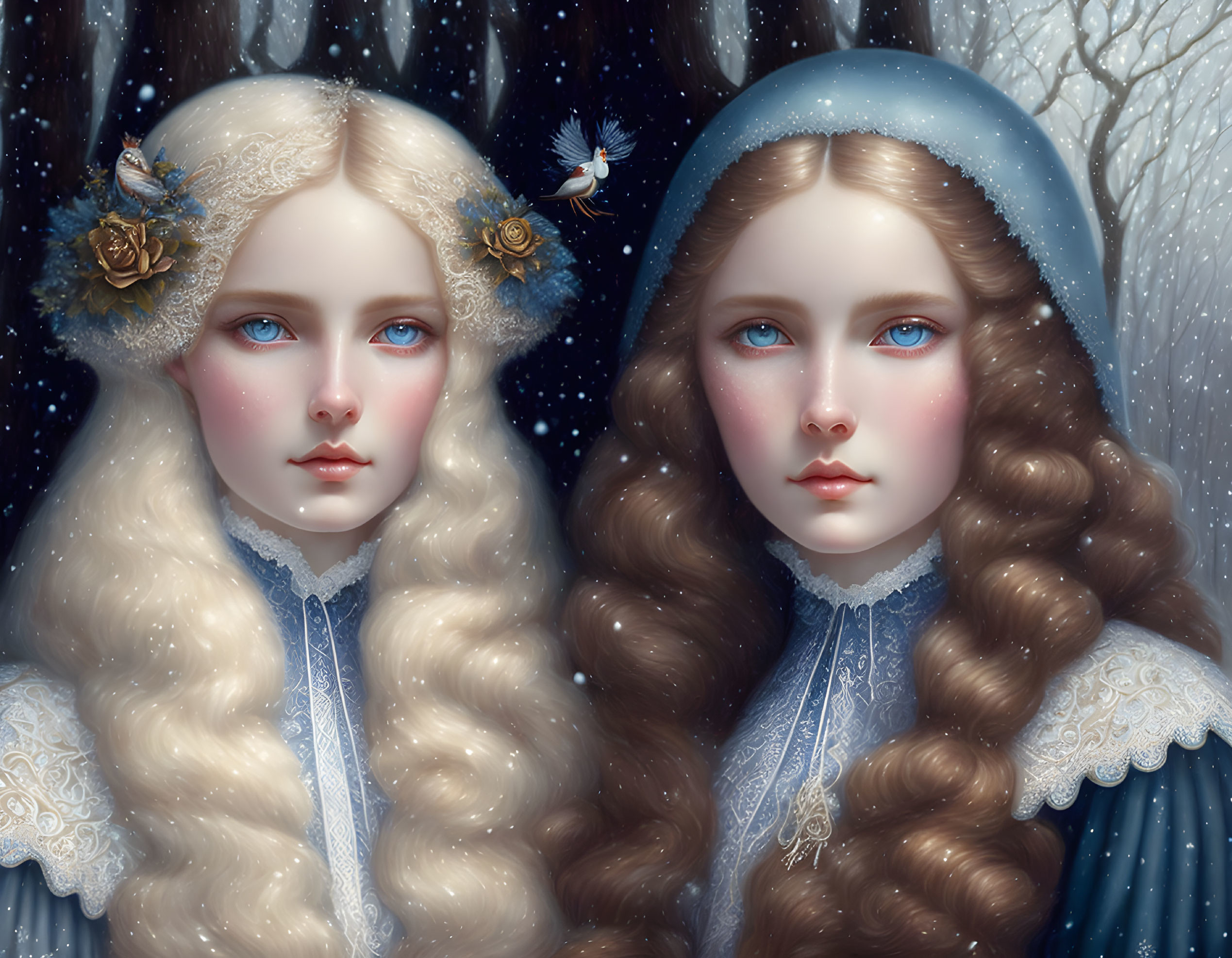 Ethereal women with snowflake adornments in wintry forest