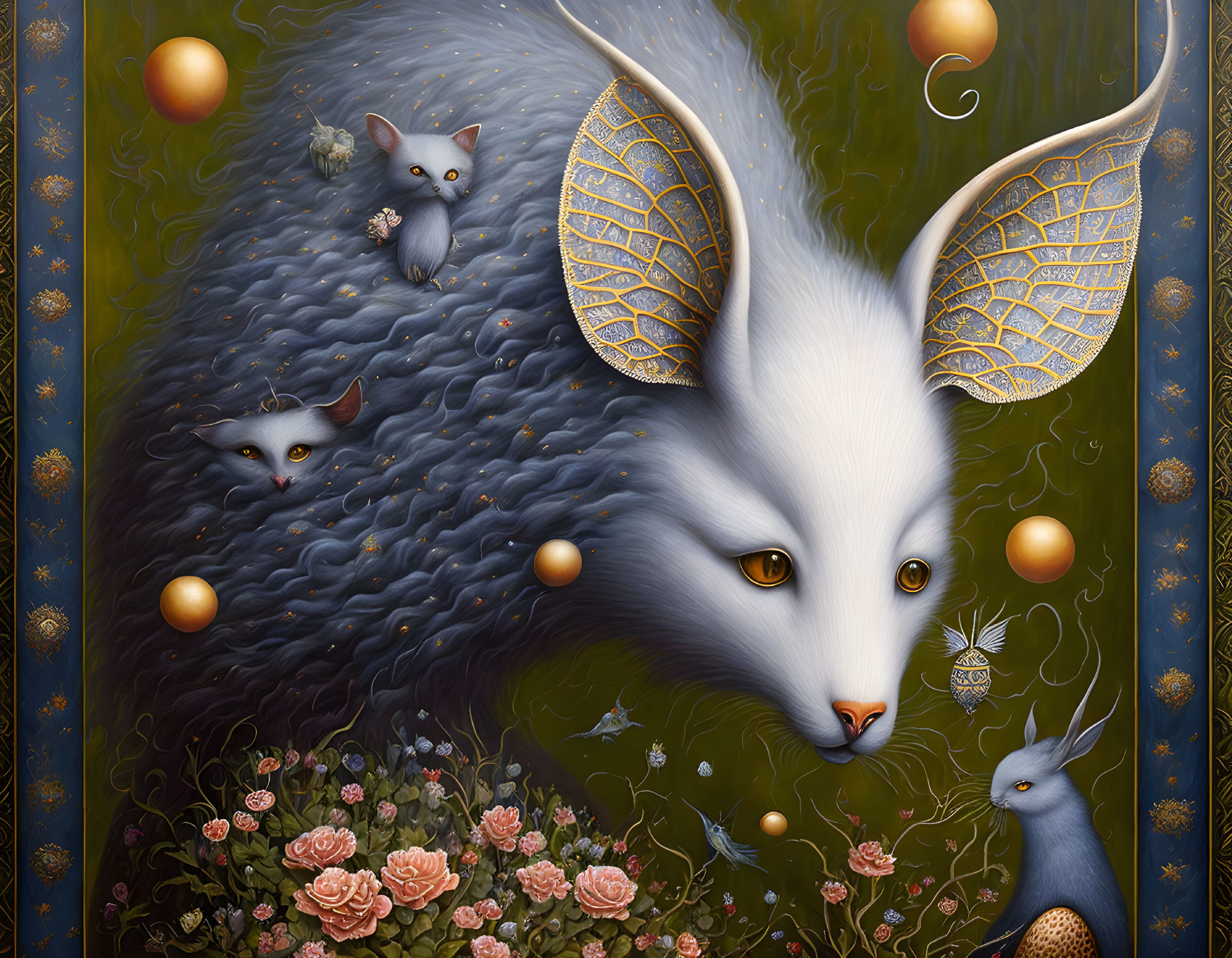 Surreal painting of white fox-like creature with golden ears and floating orbs