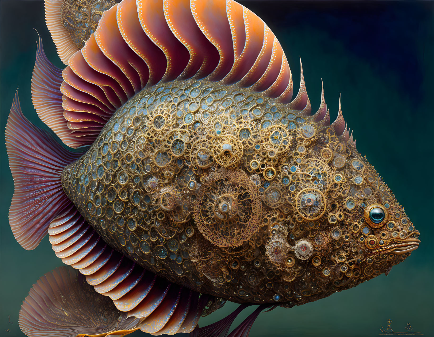 Detailed Steampunk Fish Illustration with Gears & Metallic Body