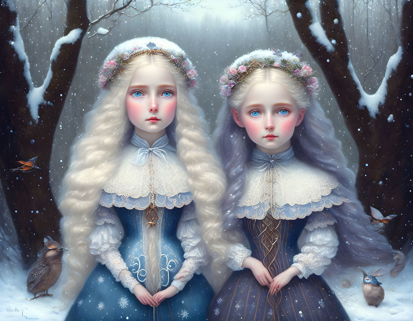 Identical girls in snowy forest with floral crowns and birds