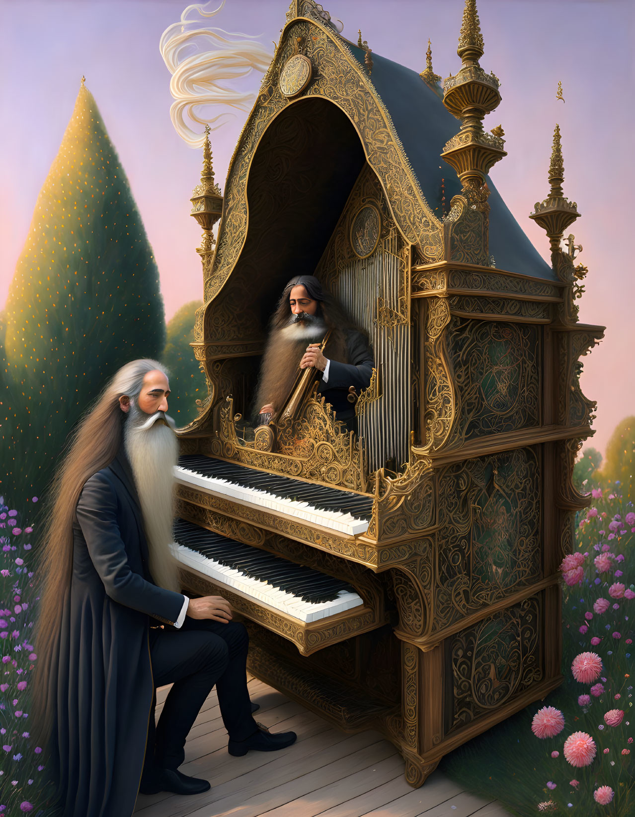 Illustration of two bearded men with ornate piano-organ in whimsical outdoor setting