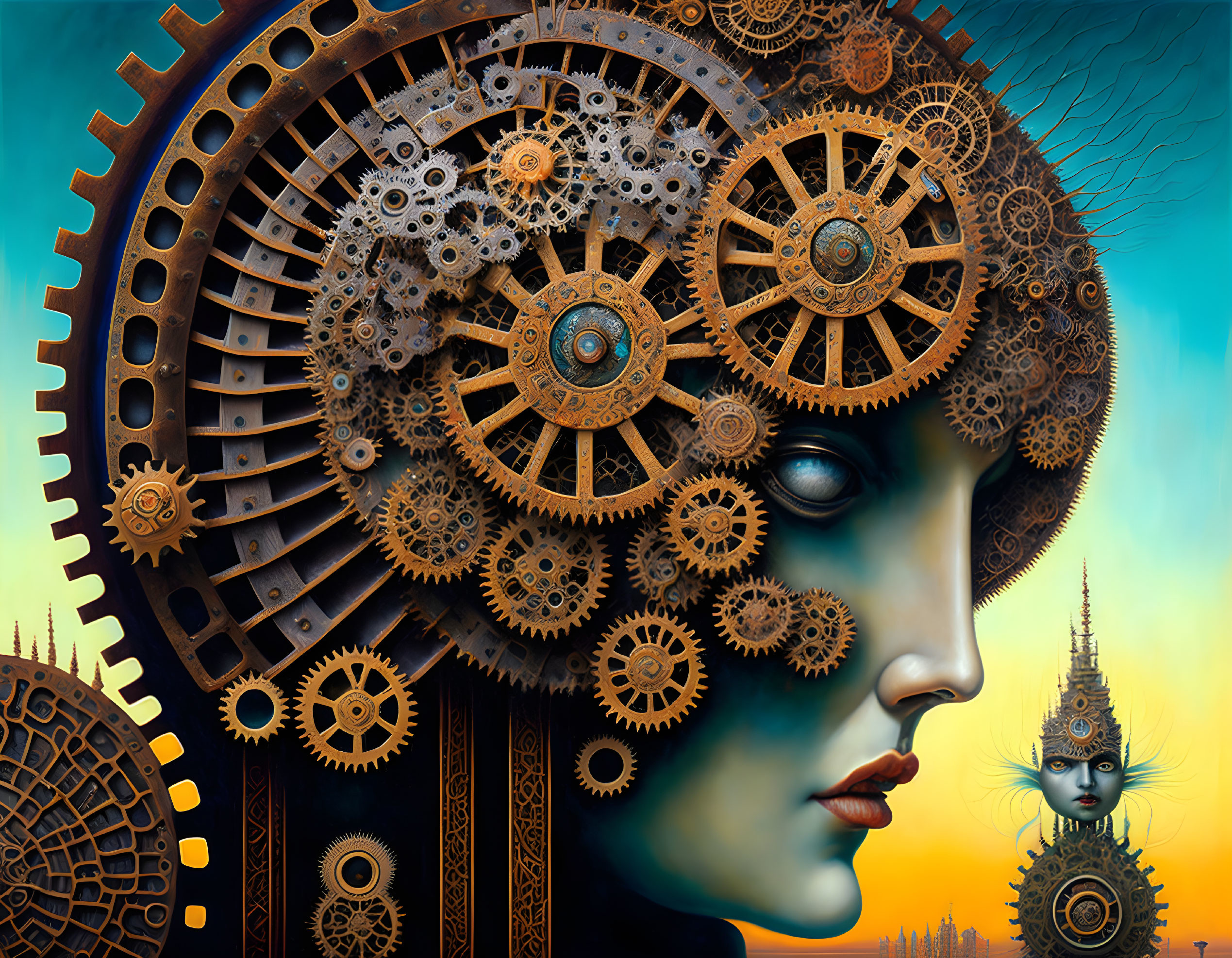 Intricate surreal artwork: person's head with mechanical gears on blue background