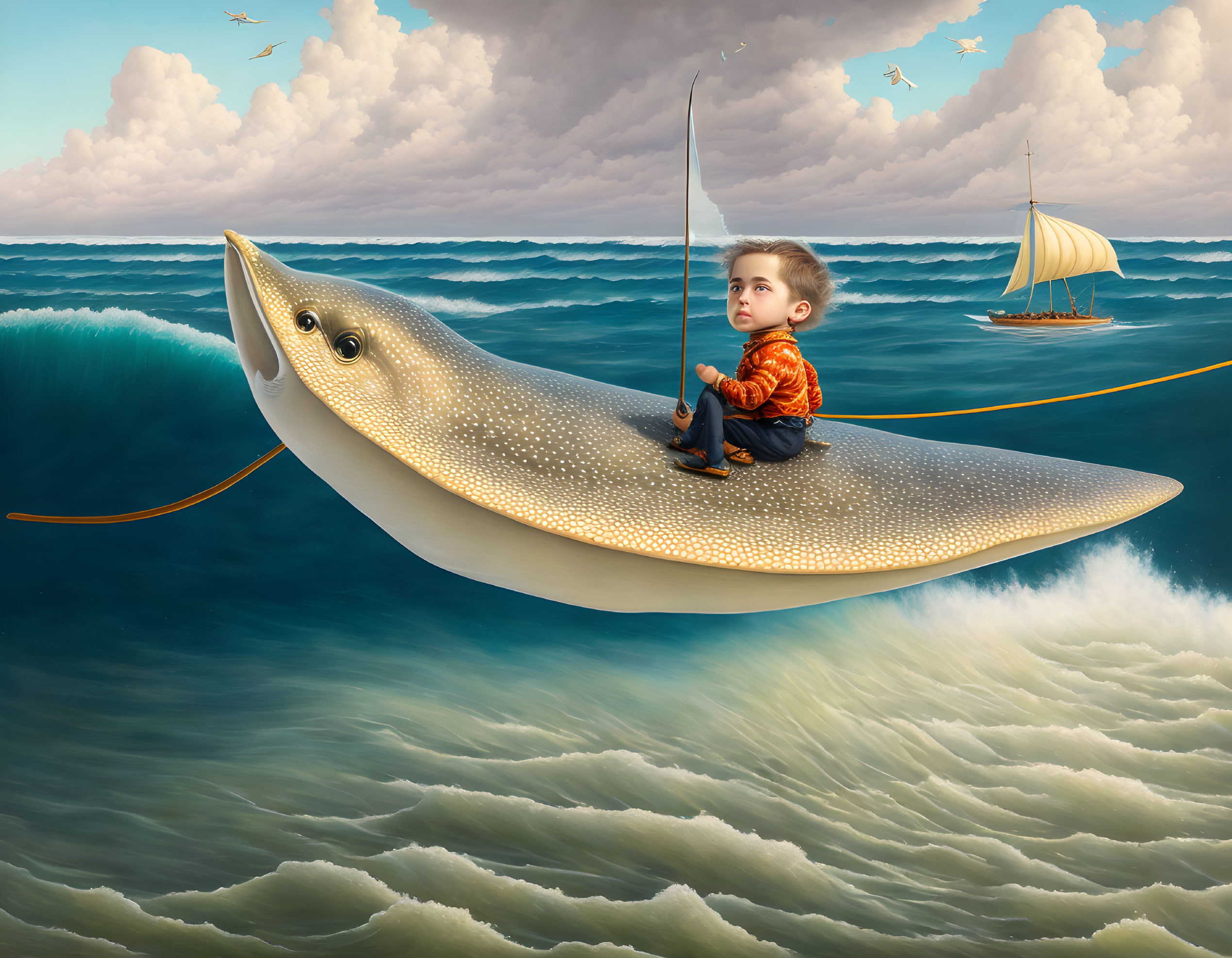 Child fishing on giant flying fish with sailboat and seagulls in cloudy sky