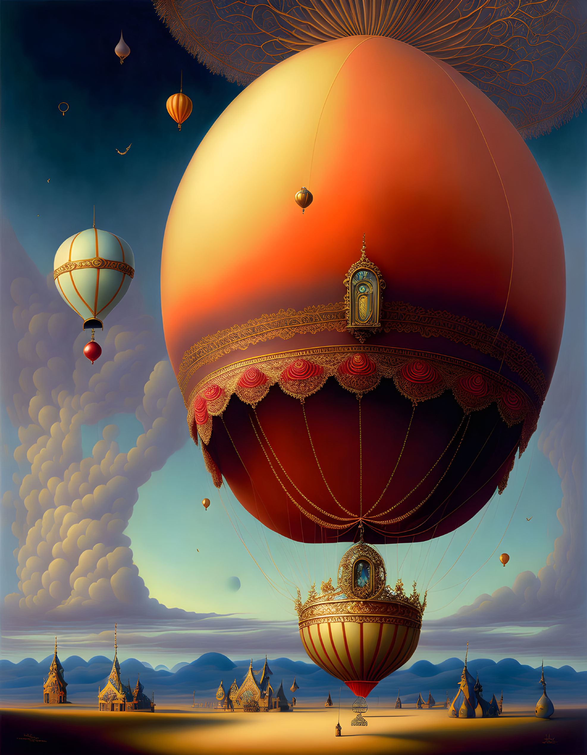 Large ornate hot air balloon painting above whimsical landscape