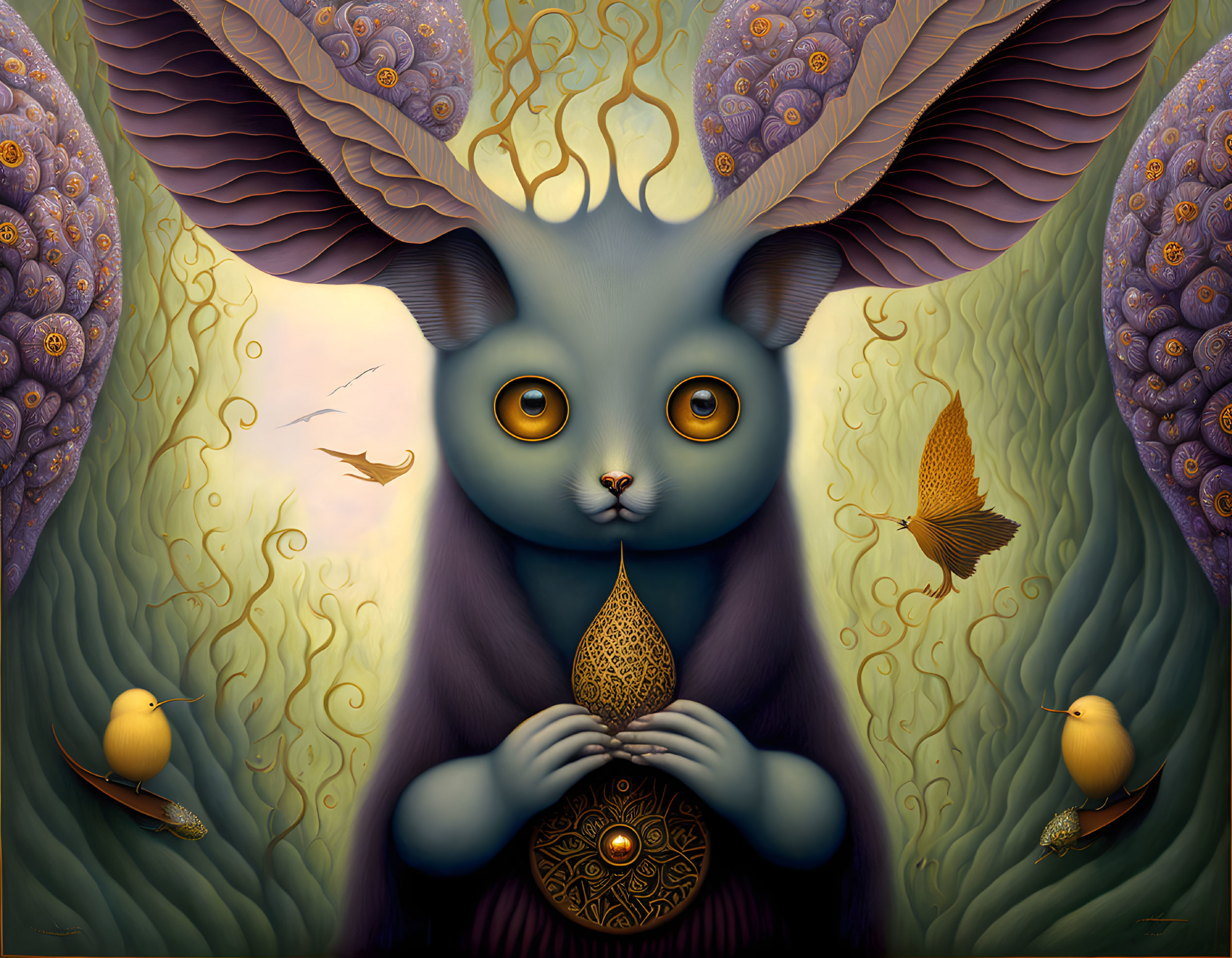 Blue creature with butterfly wings and yellow birds in surreal nature scene