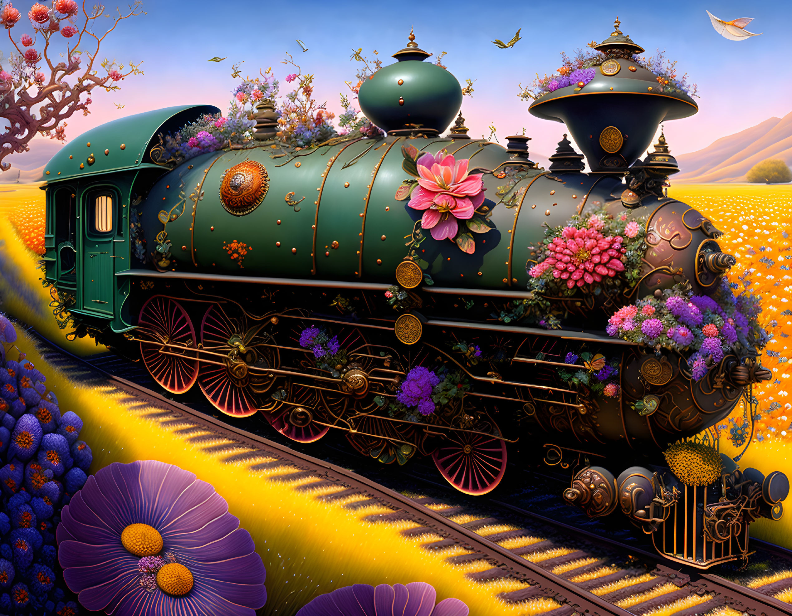 Colorful whimsical train travels through vibrant floral landscape