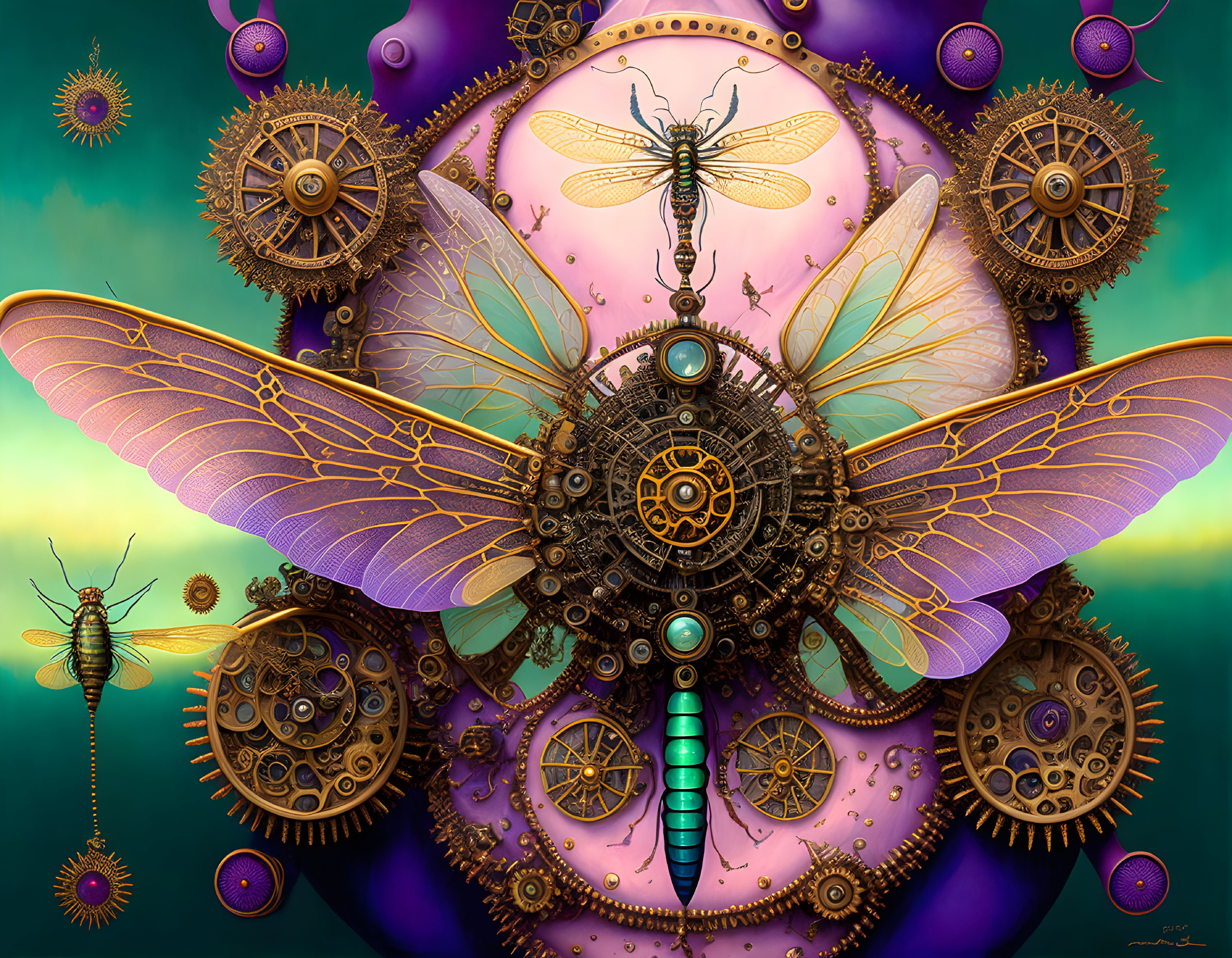 Steampunk-themed digital art of mechanical insects on vibrant purple and green background