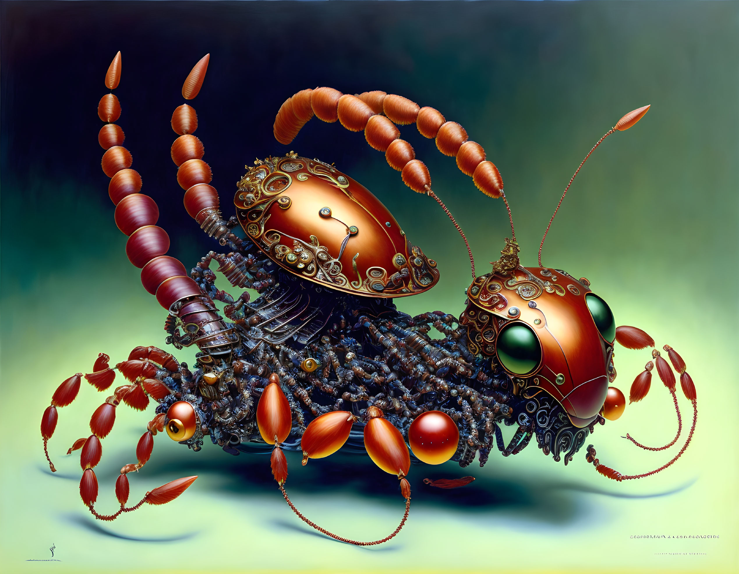 Intricate mechanical lobster on soft green background