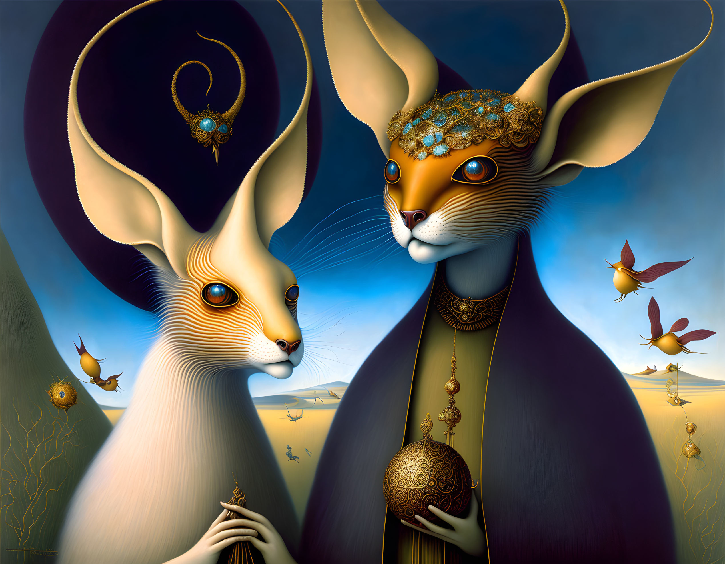 Anthropomorphic felines with ornate jewelry in surreal blue landscape