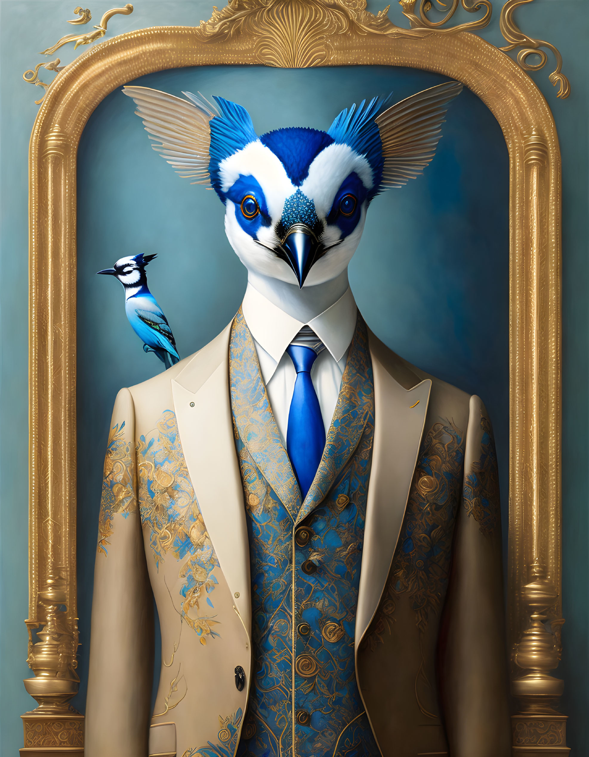 Blue-and-white anthropomorphic bird in vintage suit by ornate mirror