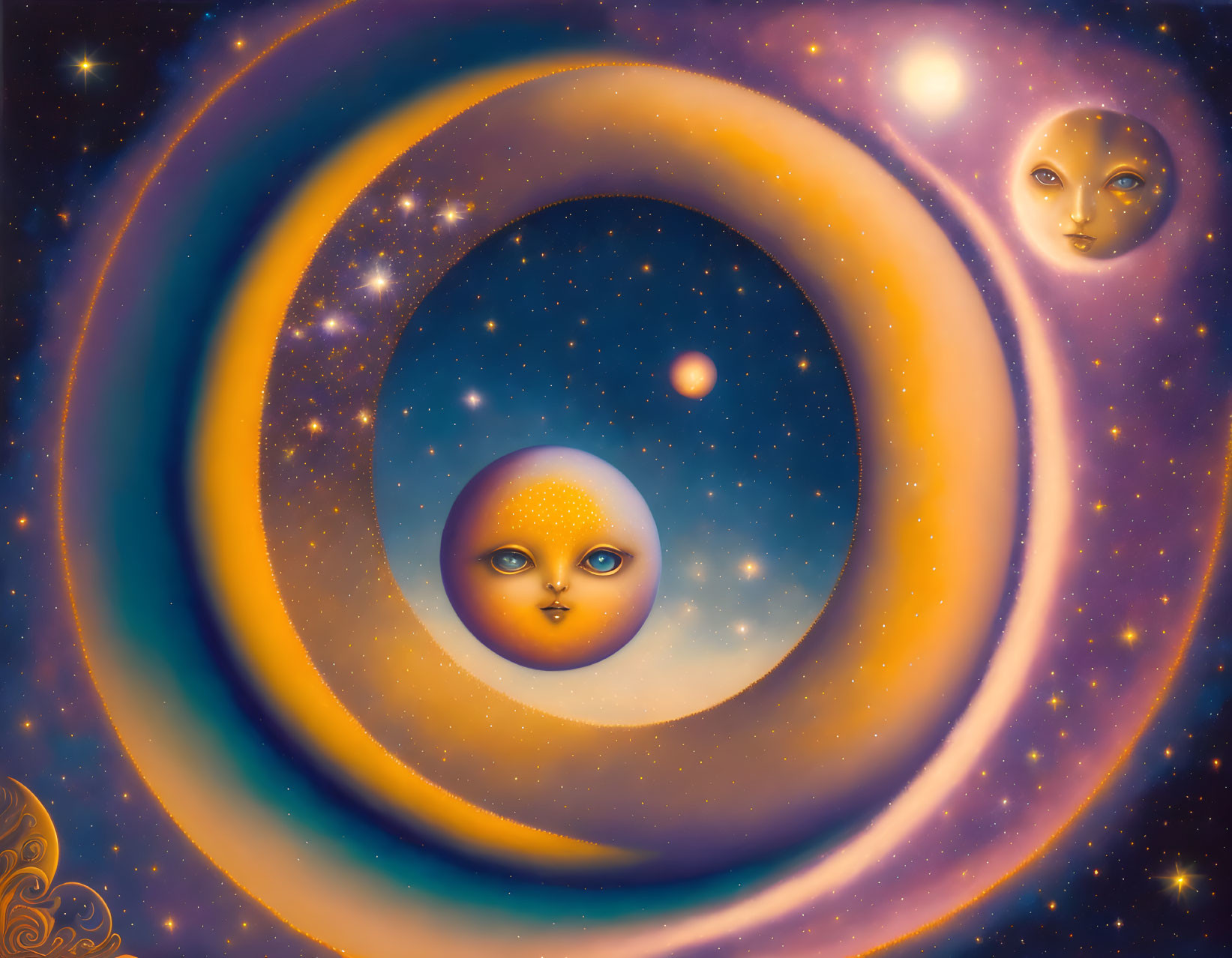 Surreal cosmic image with nested celestial circles and warm orange tones