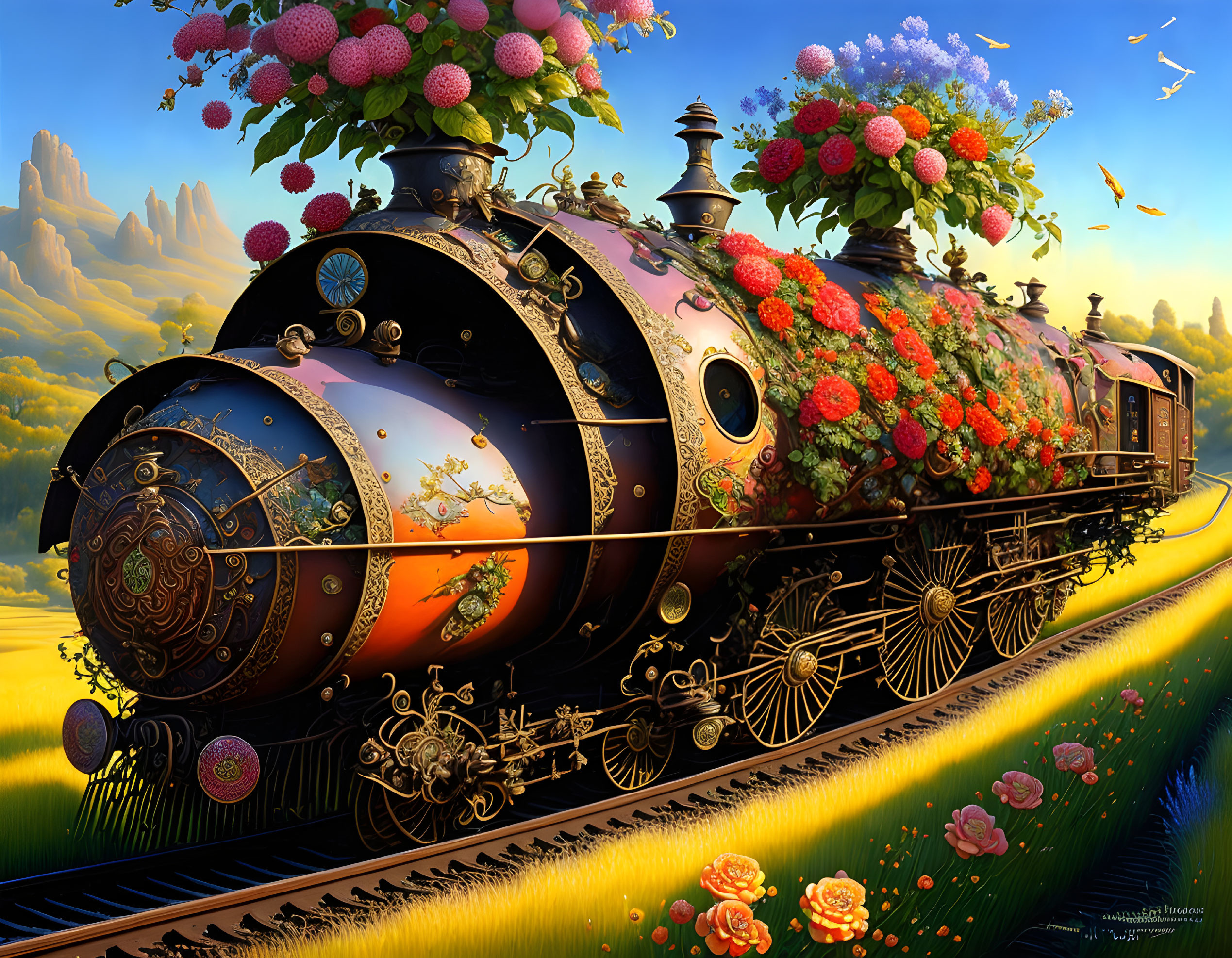 Vintage steam locomotive with colorful floral adornments travels through picturesque sunset landscape