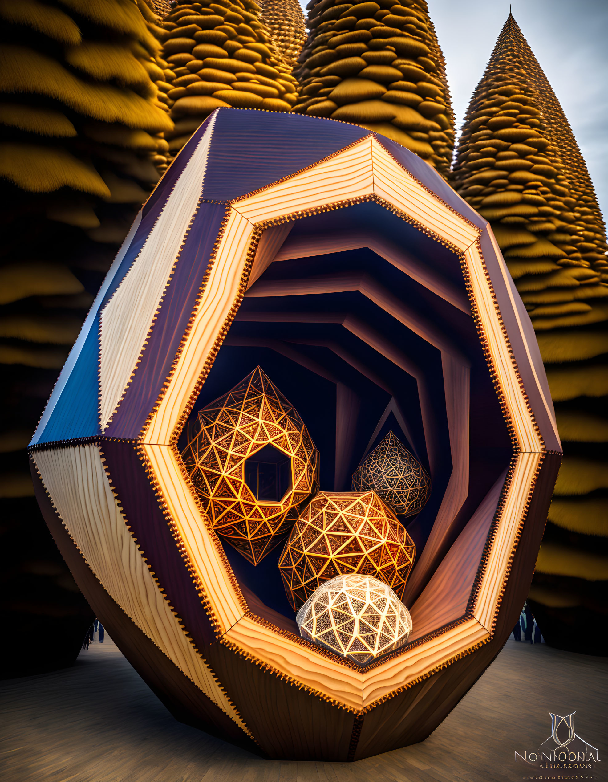 Geometric digital art: Glowing polyhedral shapes in hive-like structure