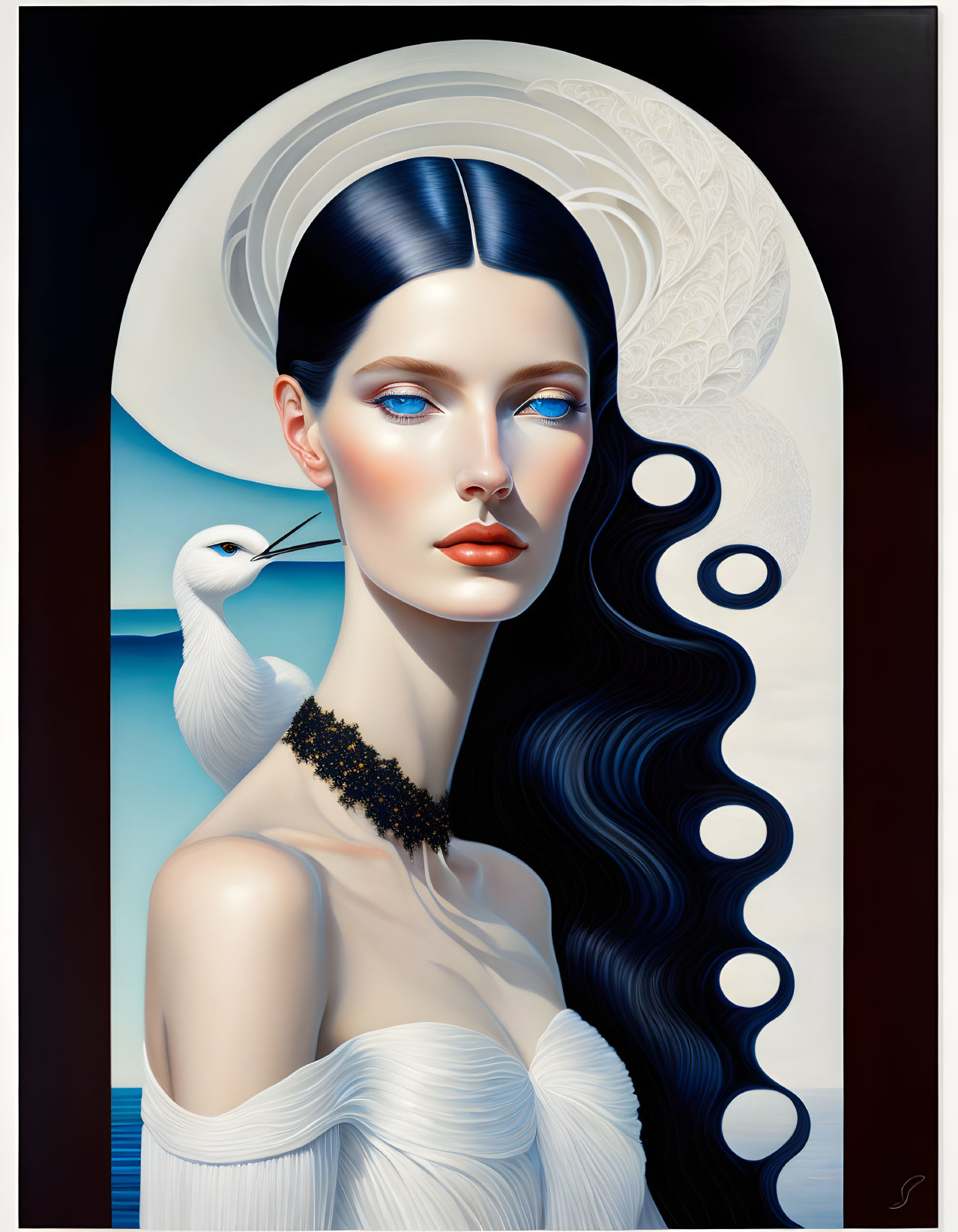 Stylized portrait of woman with blue-black hair and white outfit