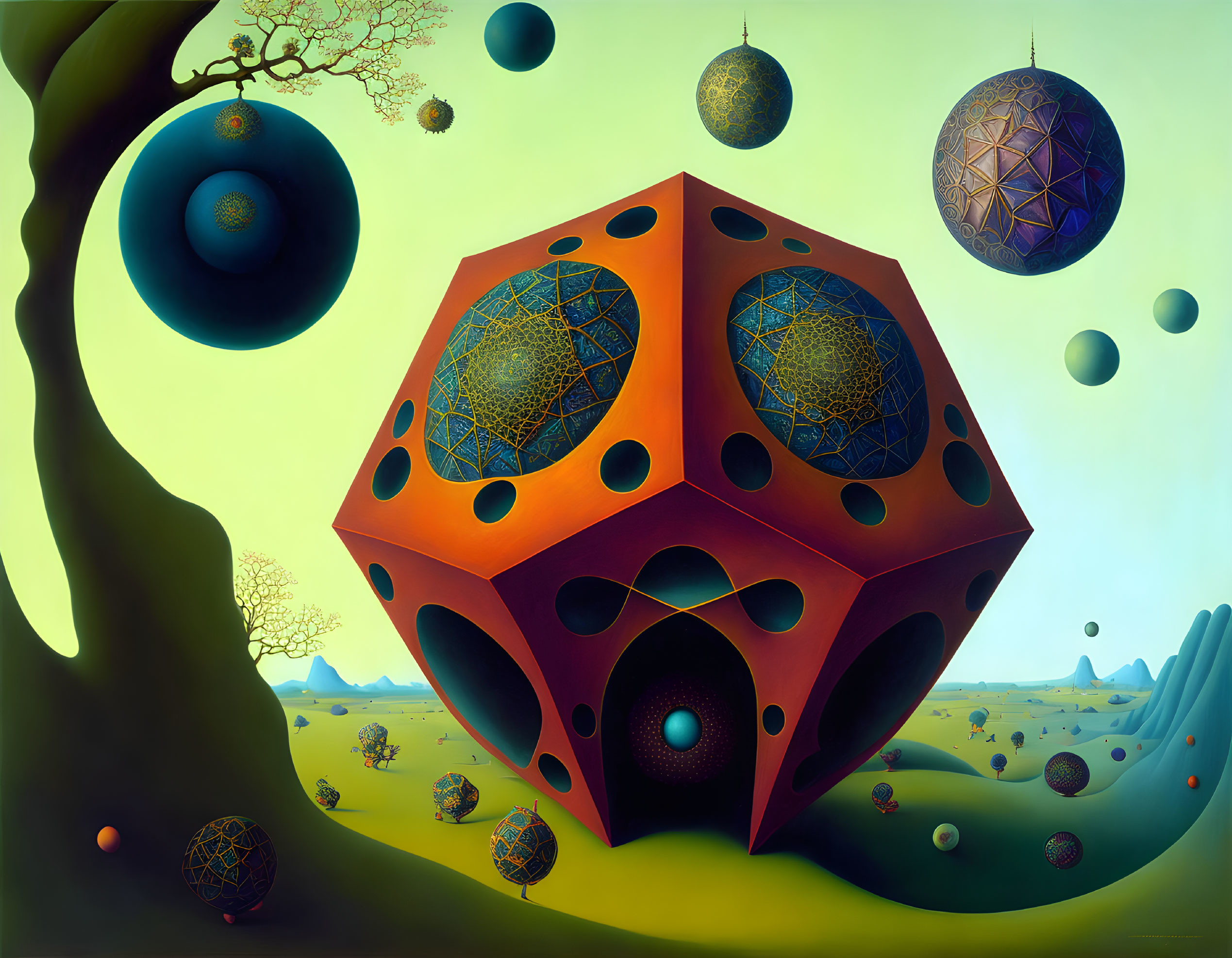 Surrealist painting: large orange dodecahedron, floating orbs, tree, green landscape