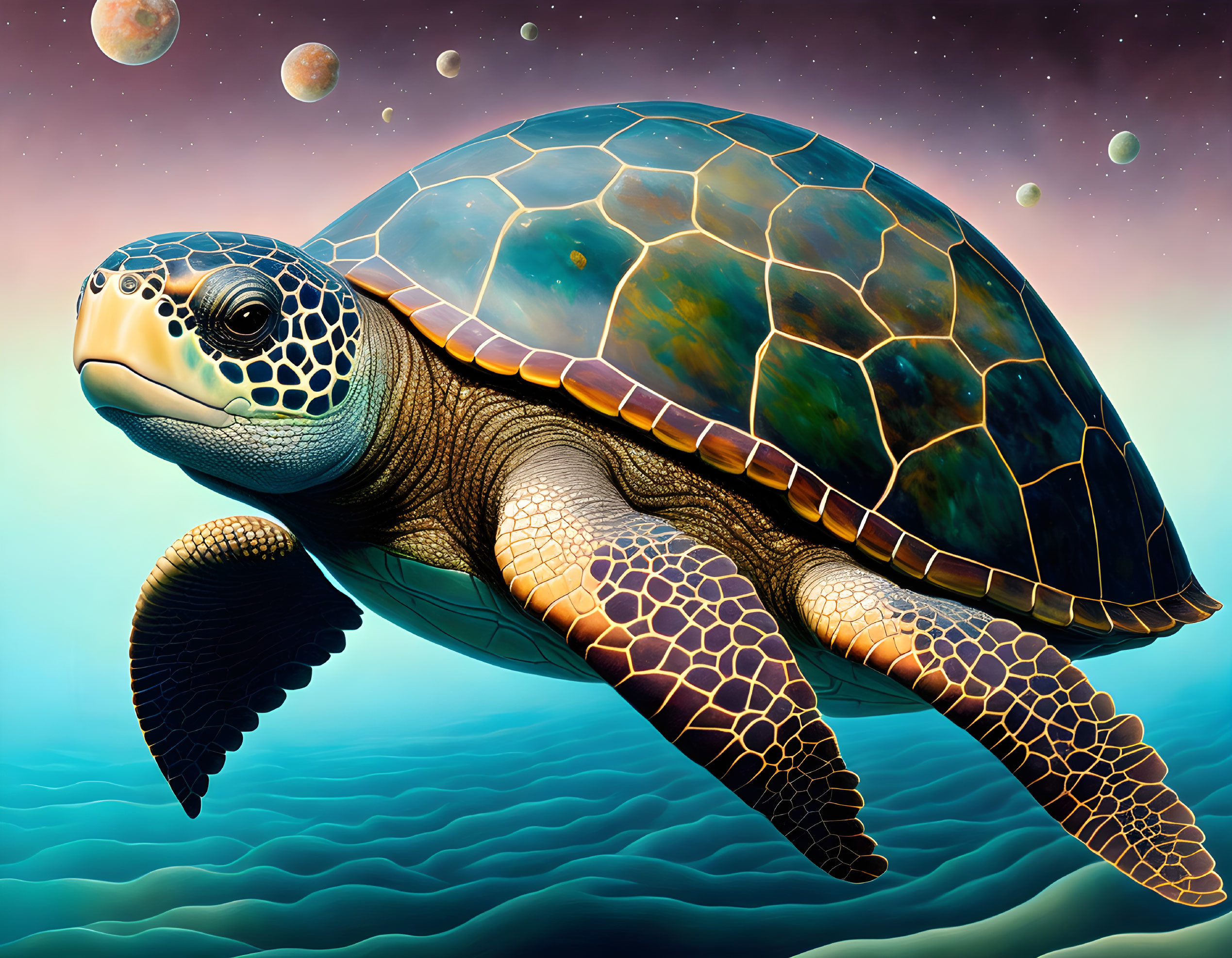 Sea turtle flying through space with stars and planets in surreal cosmic scene