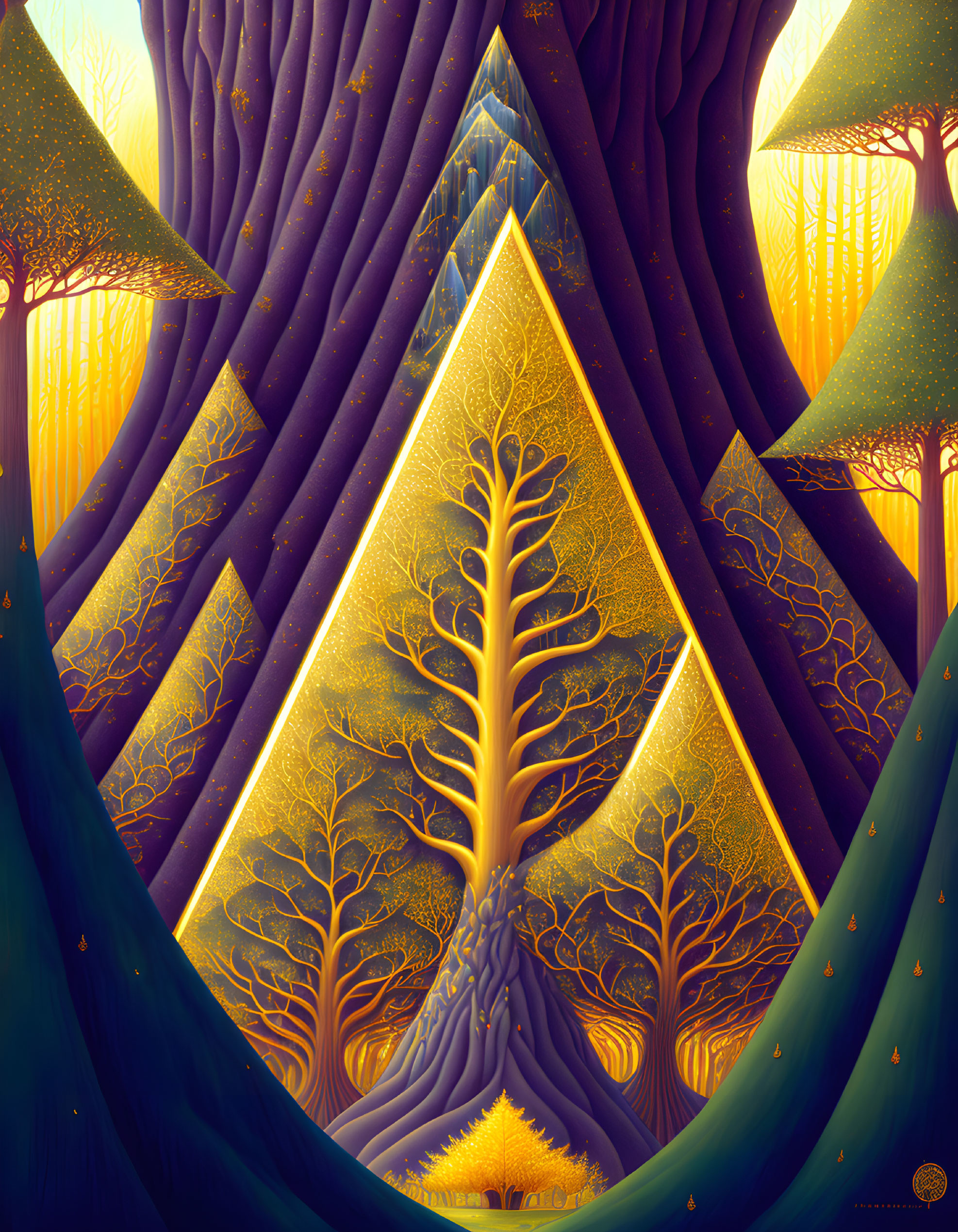 Golden forest with triangular portal and mystical light in a fantasy setting