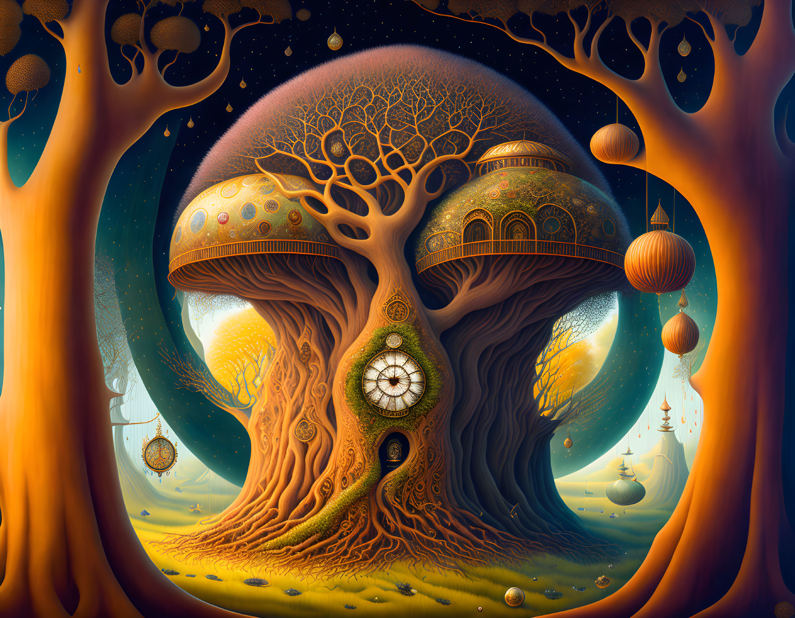 Surreal illustration: tree with clock, mushrooms, starry sky, orange trees