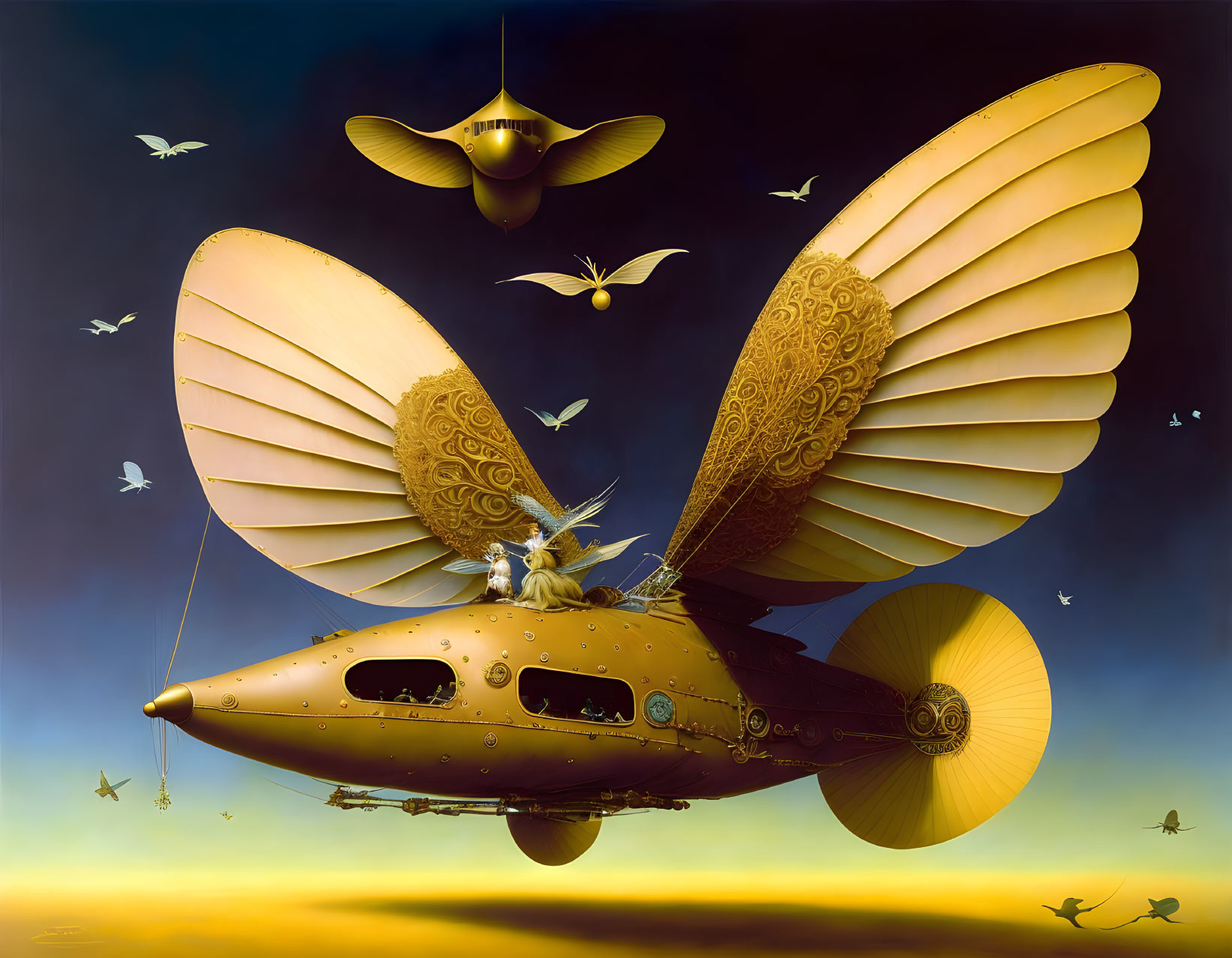 Surreal artwork of fish-shaped airship with wings in golden sky