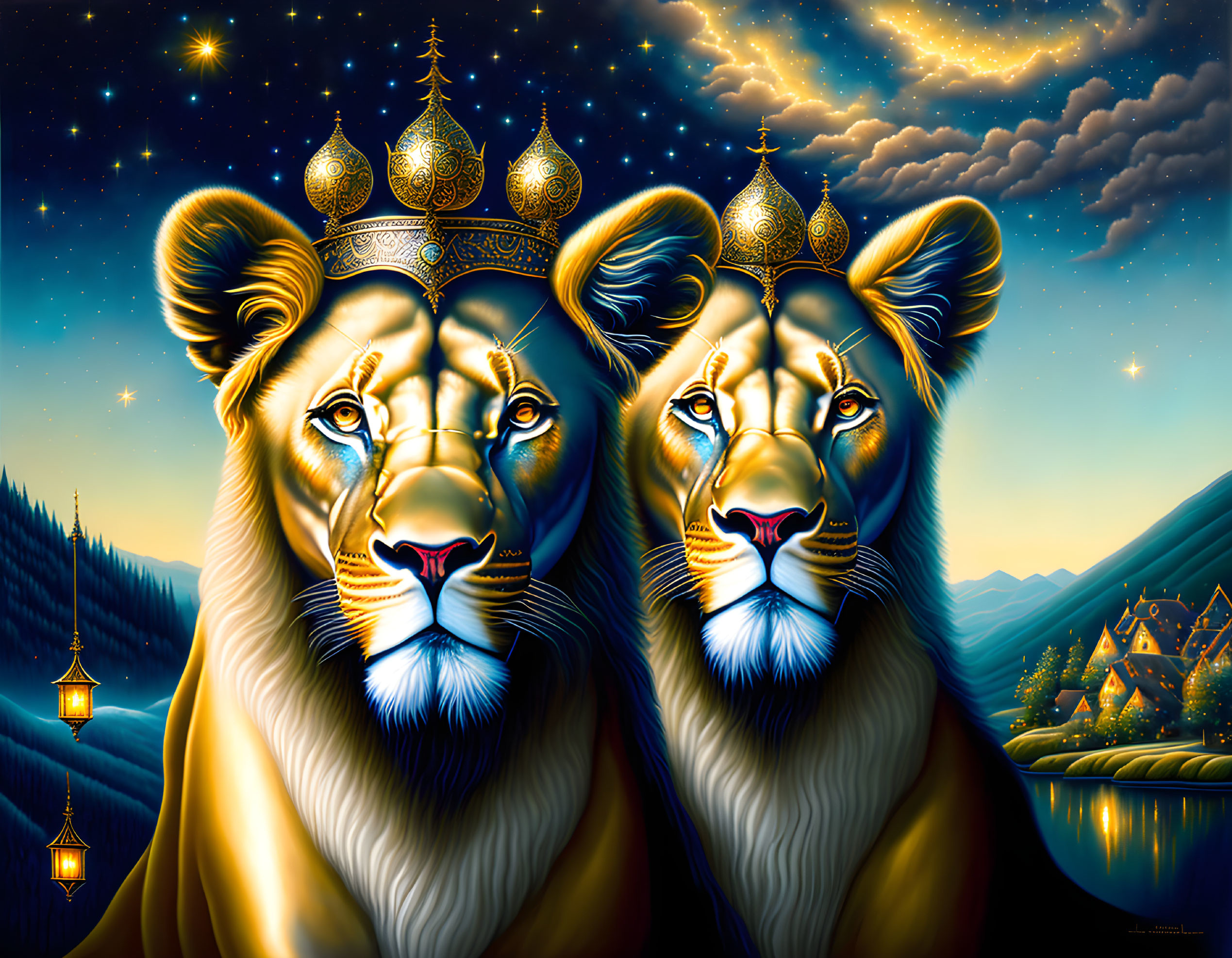 Regal lions with crowns in starry night scene