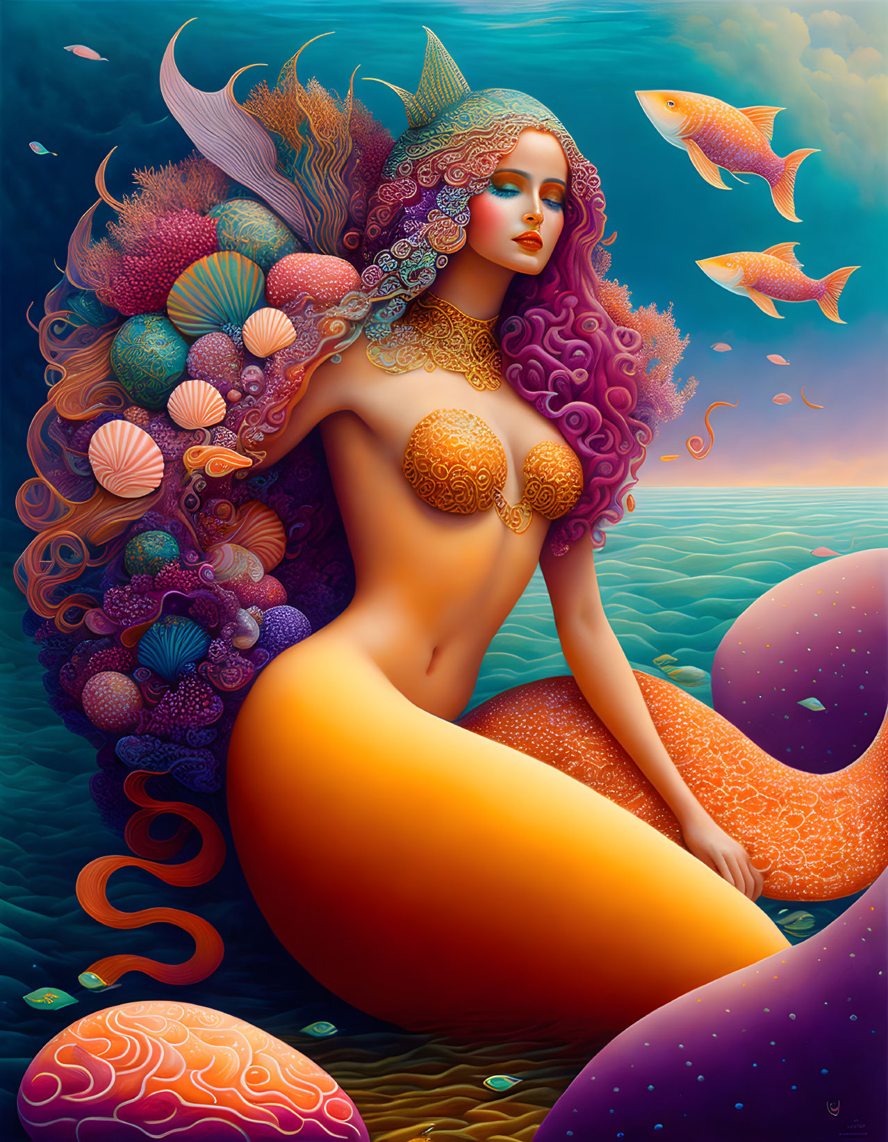 Colorful mermaid surrounded by sea life and corals in dreamlike underwater scene