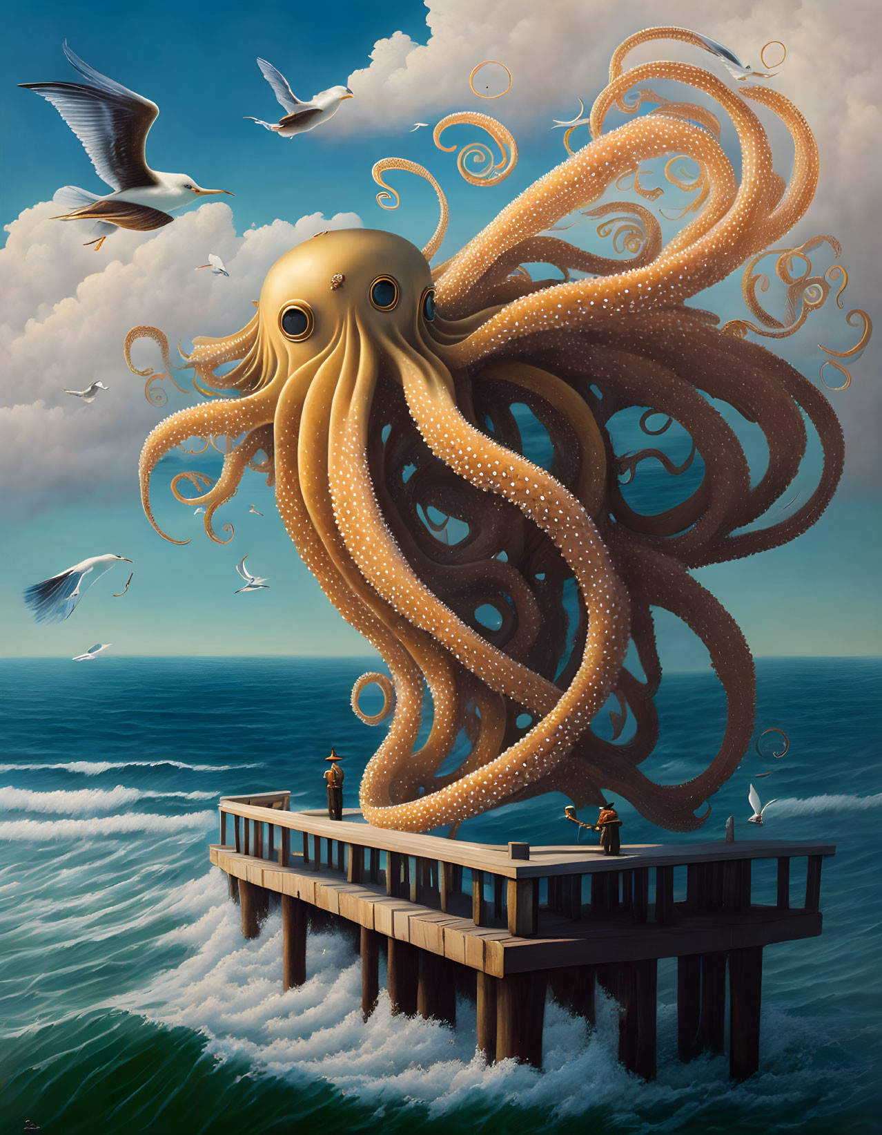 Giant Octopus on Wooden Pier with Seagulls and Blue Sky