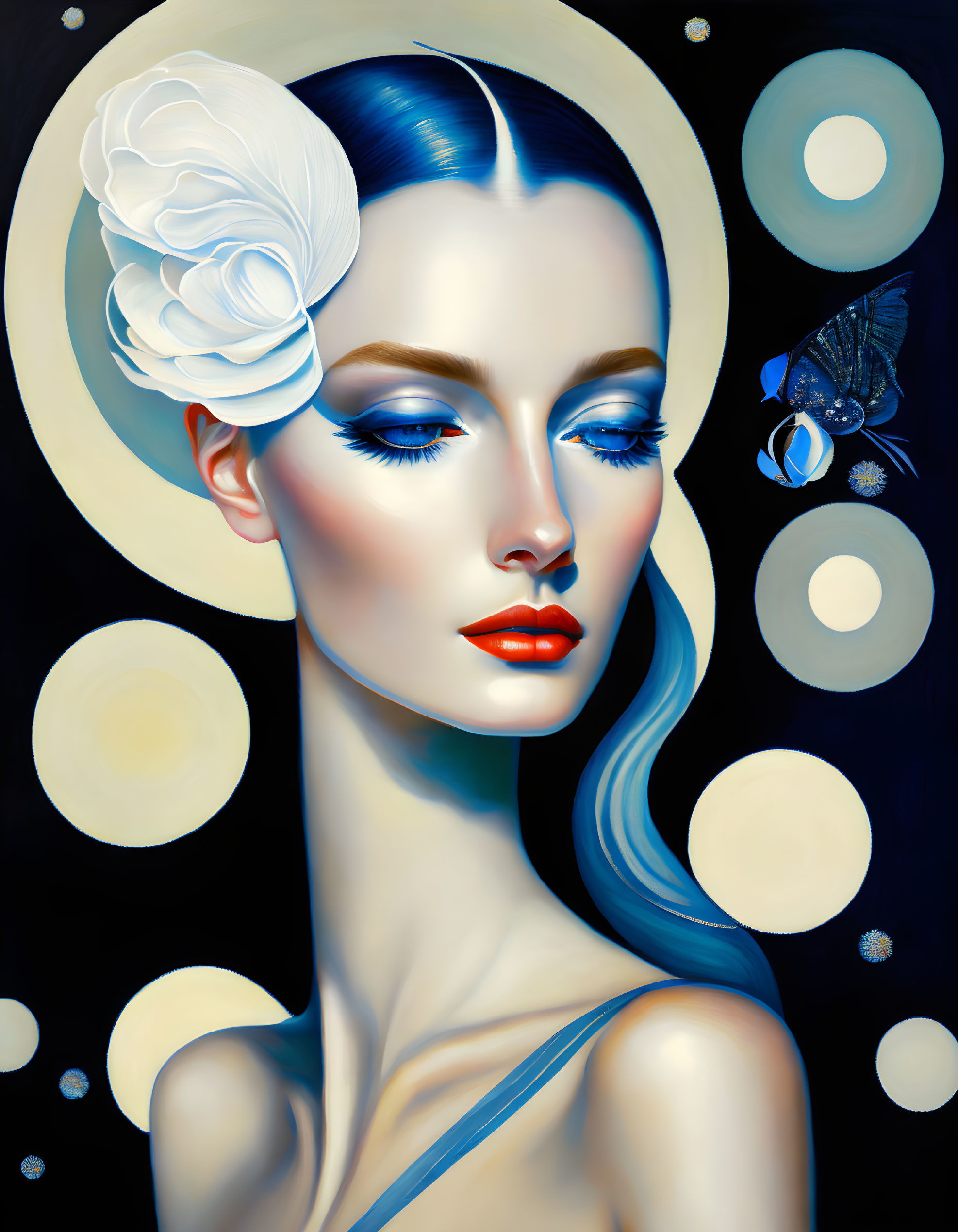 Woman with Blue Hair, White Flower, Red Lipstick, Circles, and Butterfly