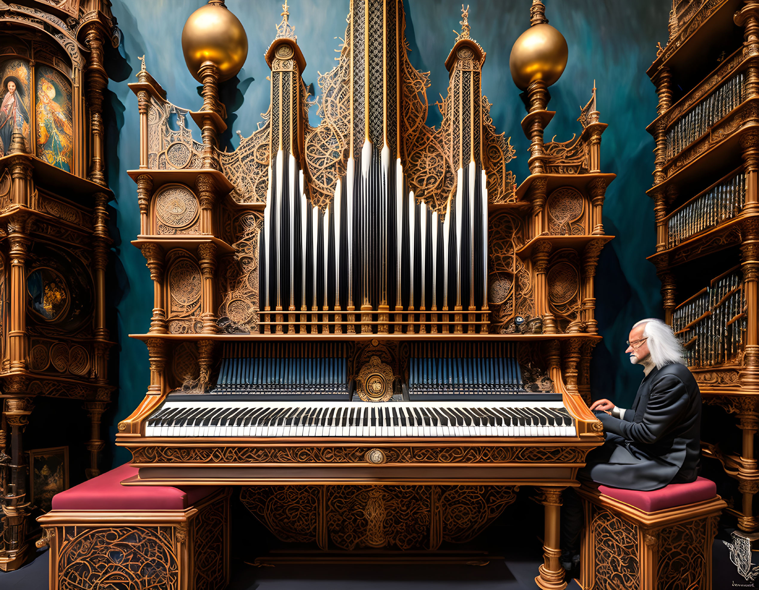 Silver-haired person playing grand pipe organ in ornate room