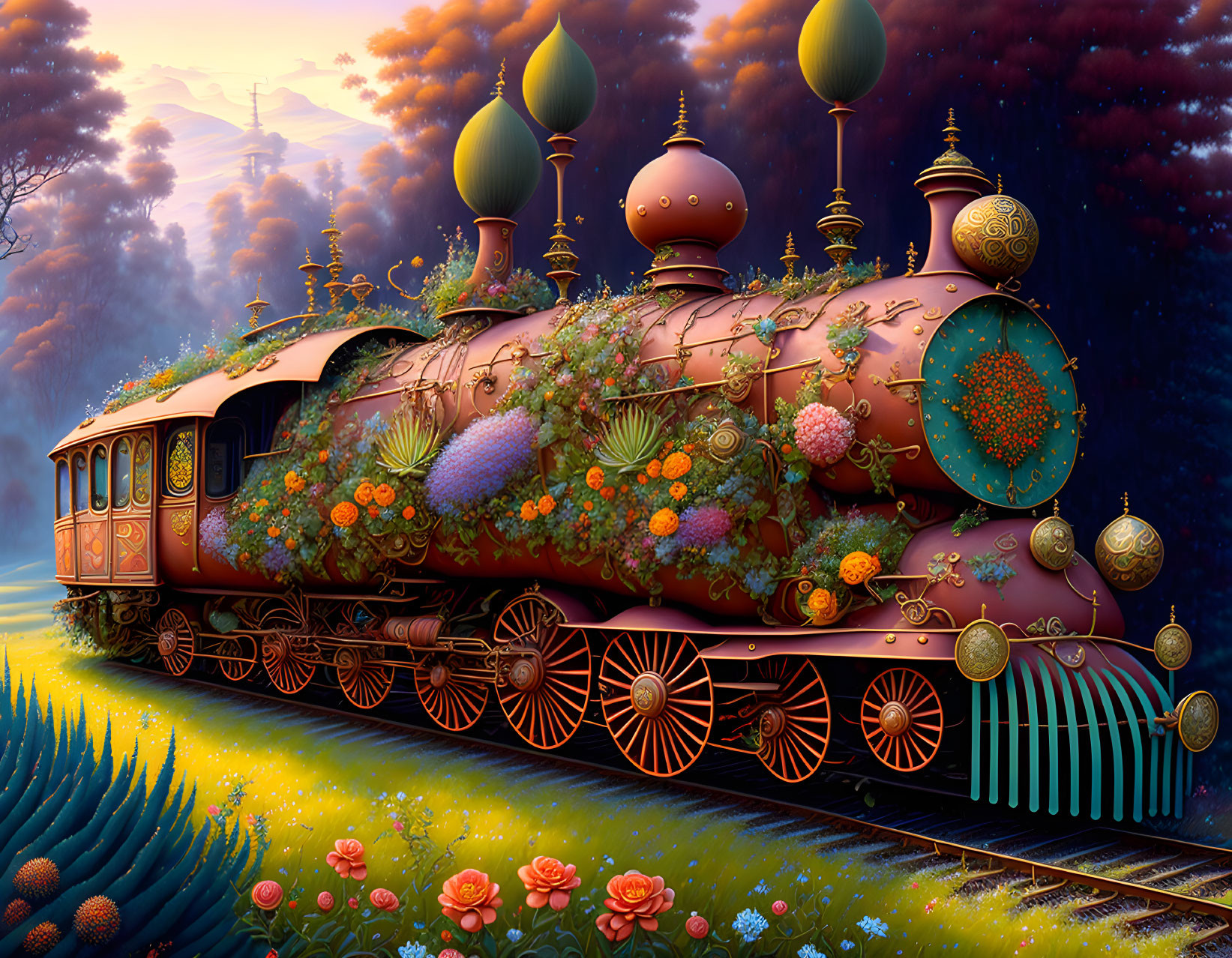 Colorful ornate steam train in vibrant landscape