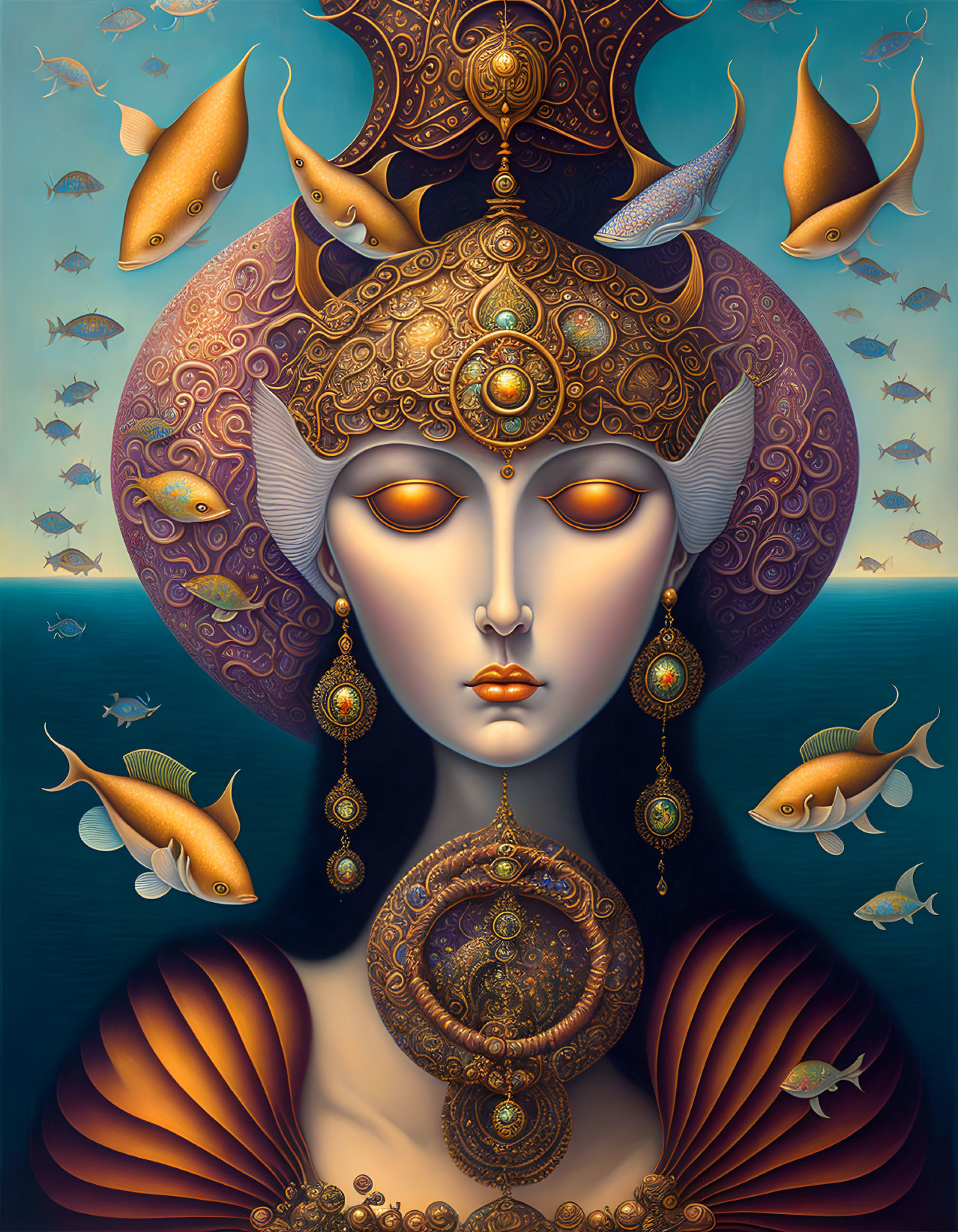 Surreal portrait: Female figure in ornate headgear, jewelry, blue background, floating fish